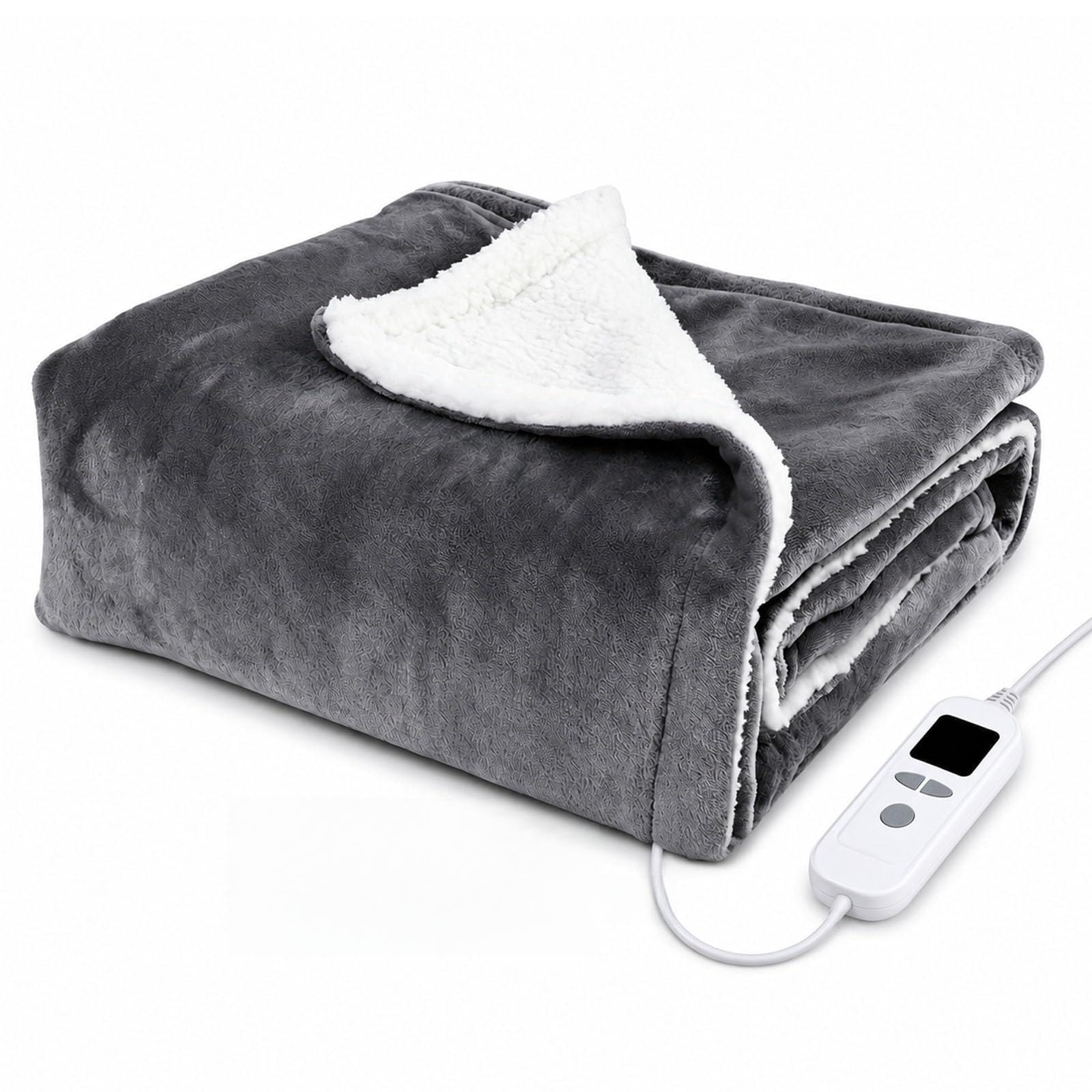 Couverture Chauffante Électrique 130x180cm, Flanelle & Sherpa Plaid Chauffant, 6 Niveaux de Température, Minuterie 2-12H, Chauffage Rapide, Protection Surchauffe, Lavable en Machine, Cadeau Noël, Gris