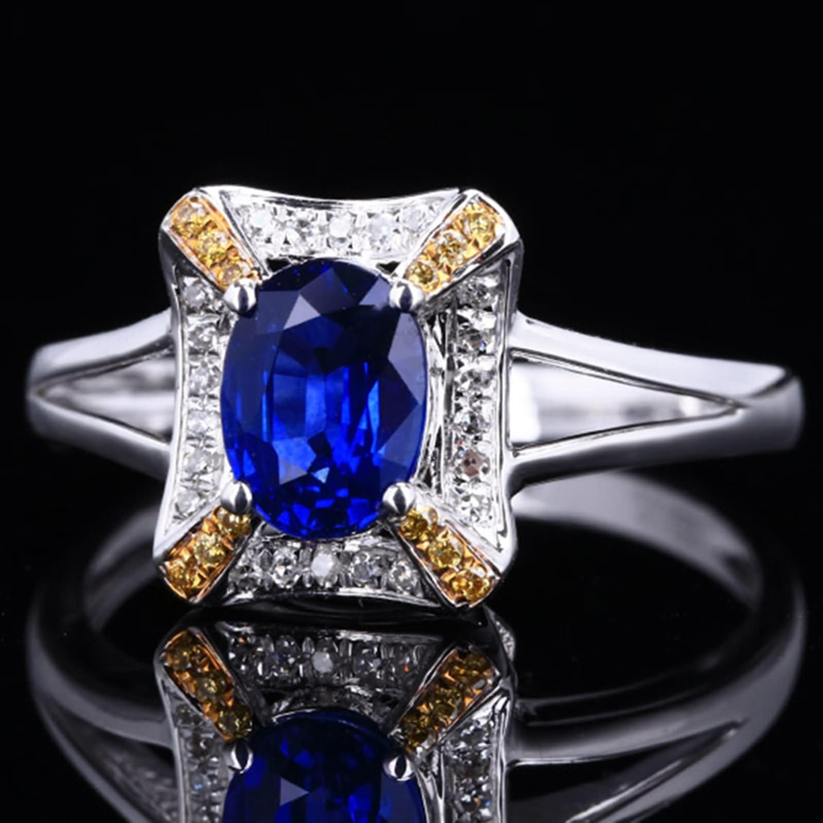 Anillo Compromiso Oro Blanco de 9 Kilates / 14 Kilates / 18 Kilates para Mujer, Rectángulo y Oval con Zafiro Creado de 1.1ct y Moissanita, Anillo de Alianza Mujer Plata Azul
