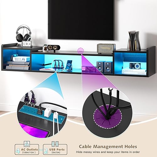 Miniatura 4 de 71" W Floating TV Stand with LED Lights & Power Outlets Wall Mounted Entertainment Center for 606575" inch TV Shelf, Long TV Stand for Living Room,