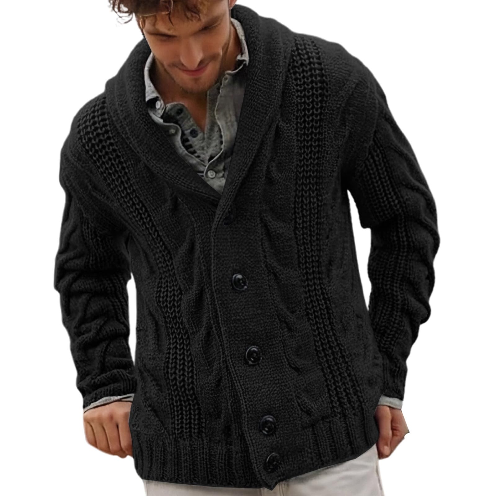 Jersey Hombre Cardigan, Chaqueta con Botones Hombre Mangas Largas con Botones Y Solapa Cálido Chaqueta De Punto Informal Bloques De Color Suave Y Cómodo Chaqueta De Entretiempo De Punto