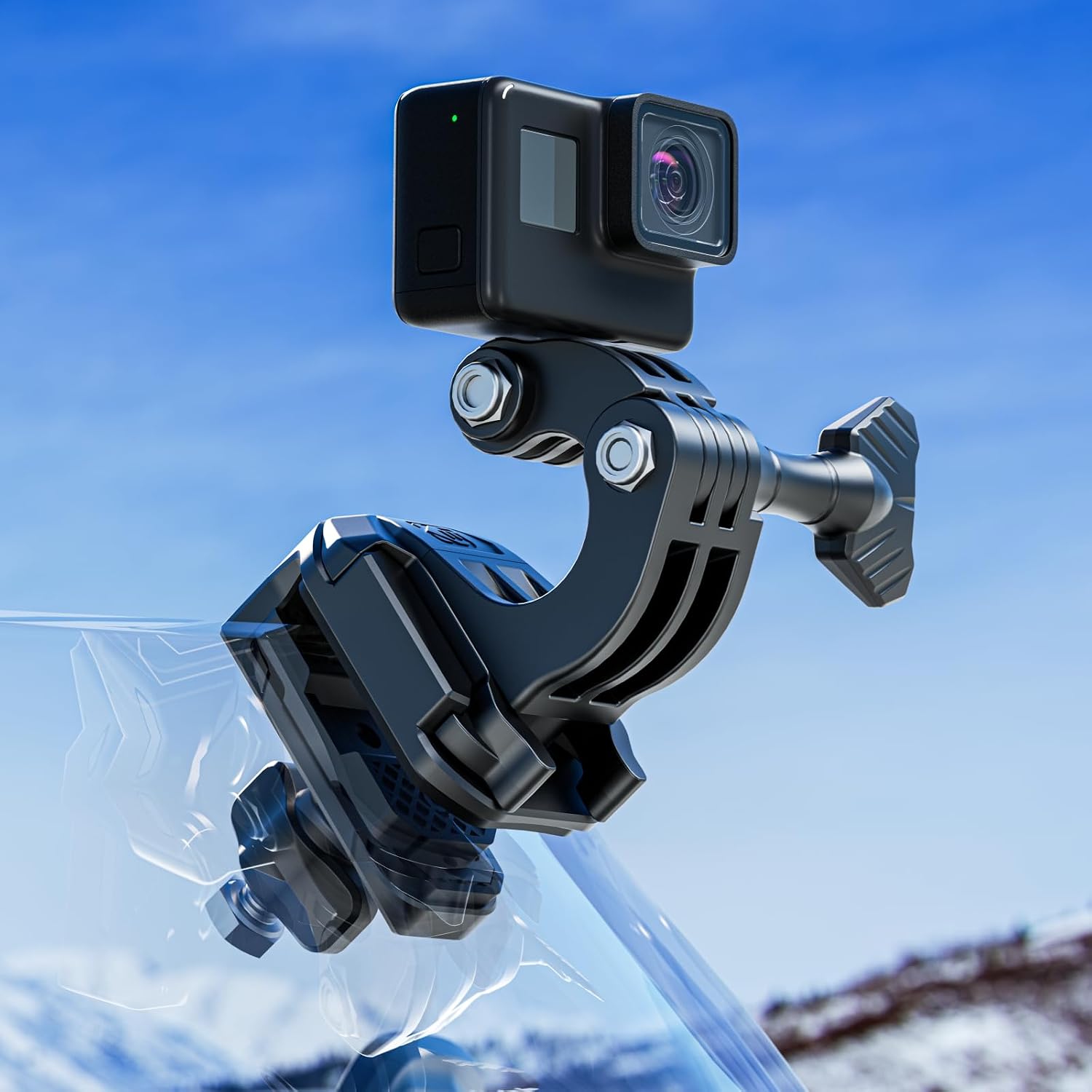 Kewig Motorcycle Windshield Camera Mount with Aluminum Alloy Clip Base | Compatible with GoPro /DJI OSMO/Insta360 Action Camera, Angle Adjustable, Quick-Release Design