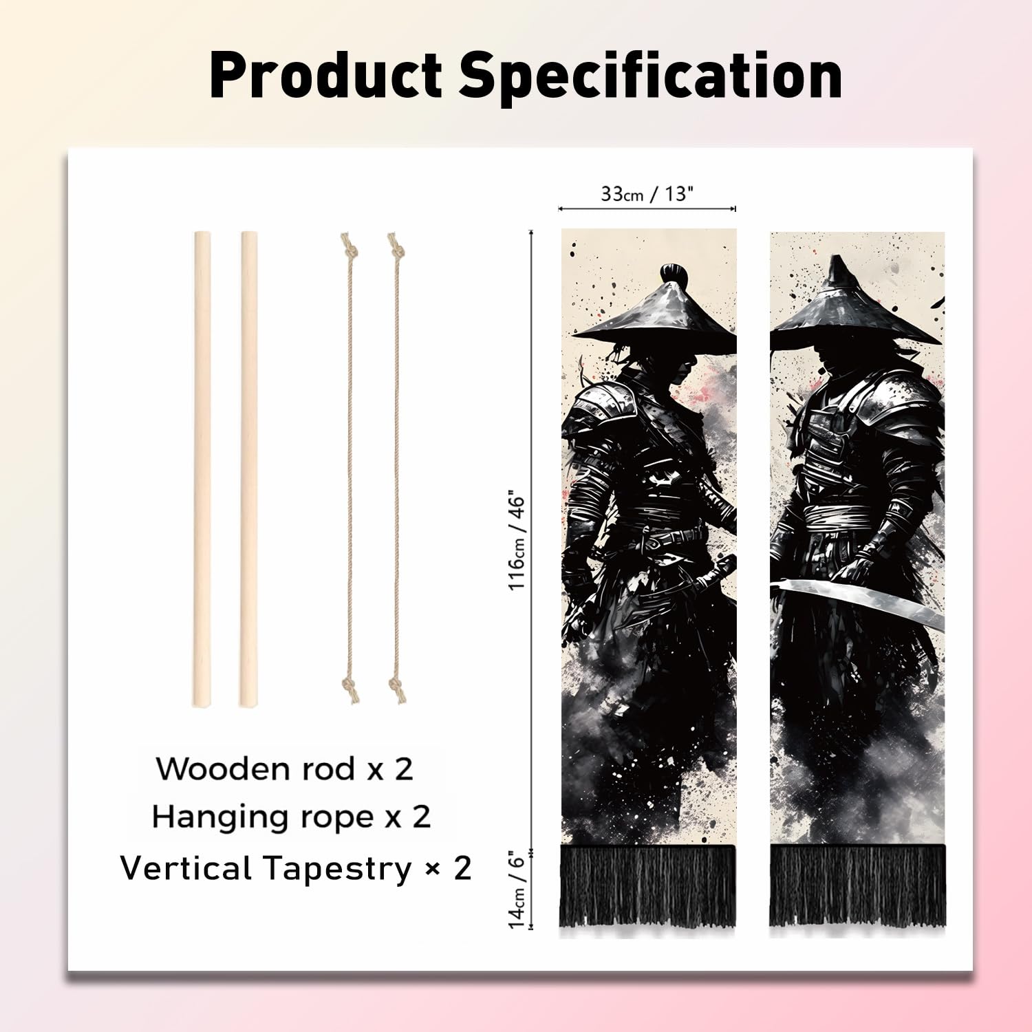 PLIGREAT 2 Pack Ink Style Tapestry Japanese Samurai Vertical Wall Hanging with Tassels Black Aesthetic Wall Tapestry for Bedroom Living Room Dormitory Backdrop Home Art Decor - Image 3