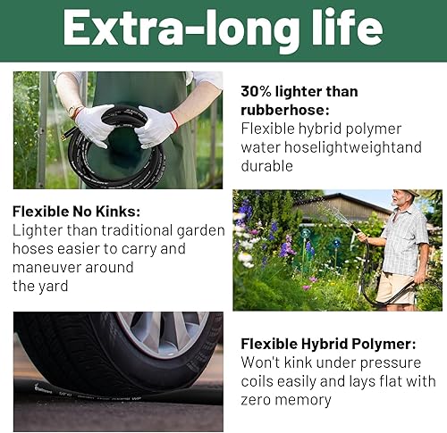 Miniatura 5 de BT50B - Manguera de jardín de 50 pies x 58 pulgadas, manguera híbrida de goma ligera, conexiones sin fugas, accesorios macho a hembra, BT50B, negro