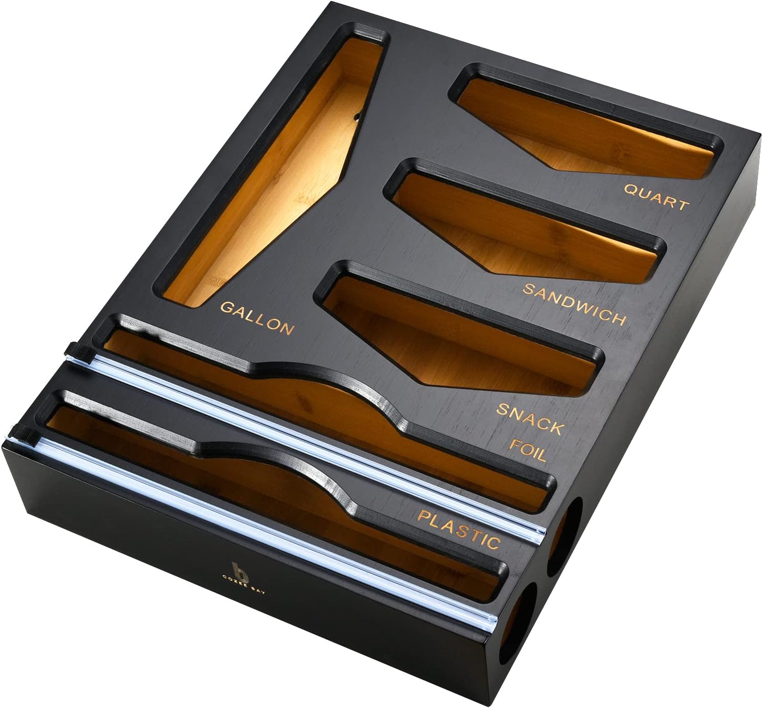 Cozee Bay Bamboo Food Bag Organizer with Foil and Plastic Wrap Organizer, Kitchen Drawer Organizer, Wrap Dispenser with Cutter, for Gallon, Quart, Sandwich, Snack Bags and 12" Roll (Black)