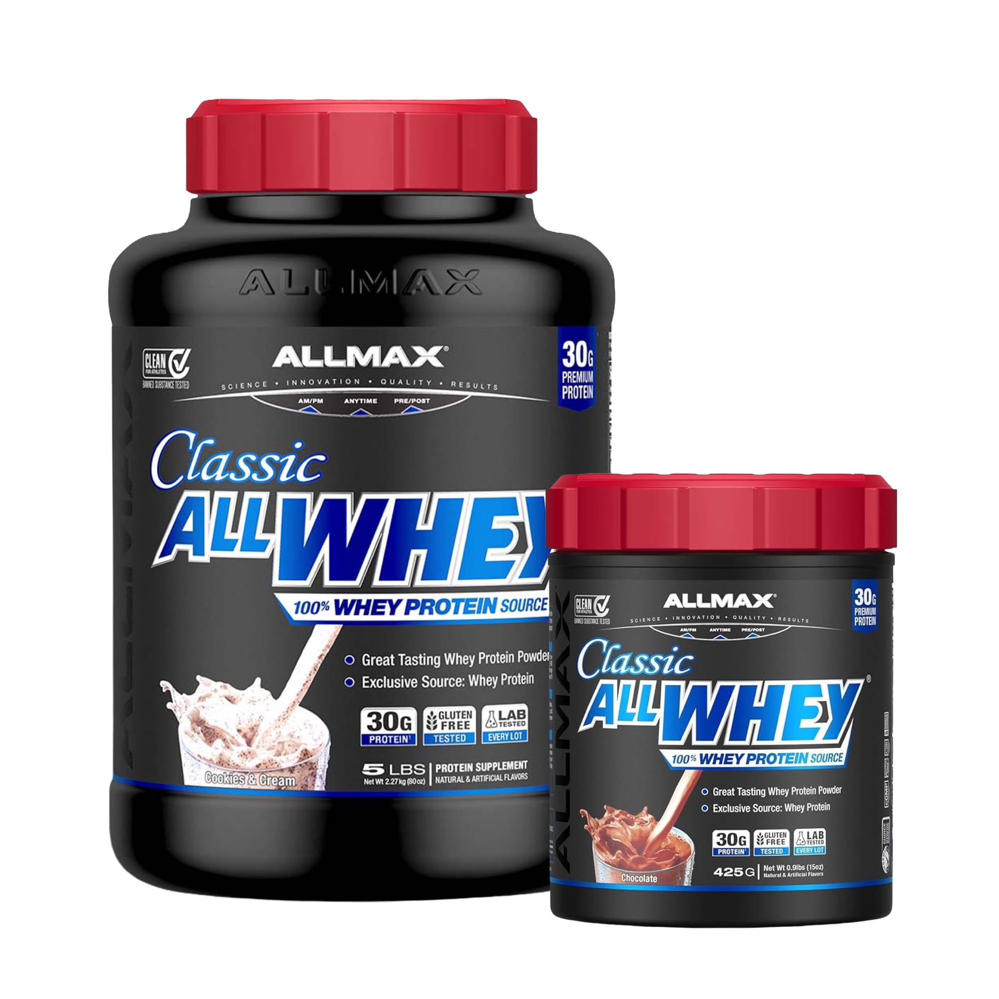 ALLMAX AllWhey Classic Cookies and Cream 5 lb and Chocolate 0.9 lb Bundle, Gluten Free, Low Sugar, High Protein, Supports Muscle Recovery, Lean Muscle & Post Wo