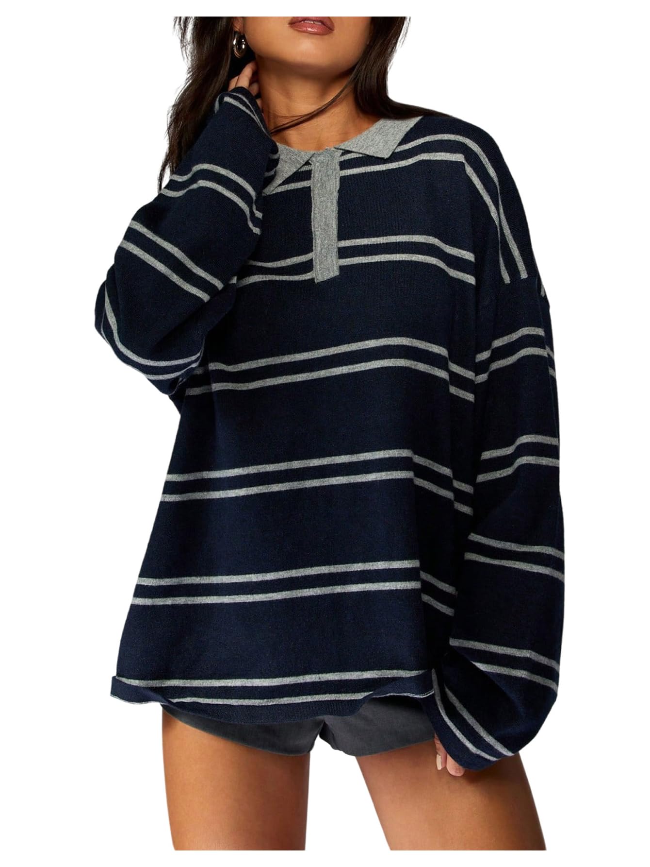 MakeMeChic Womens Striped Rugby Shirt Collared Long Sleeve Knit Preppy Sweater