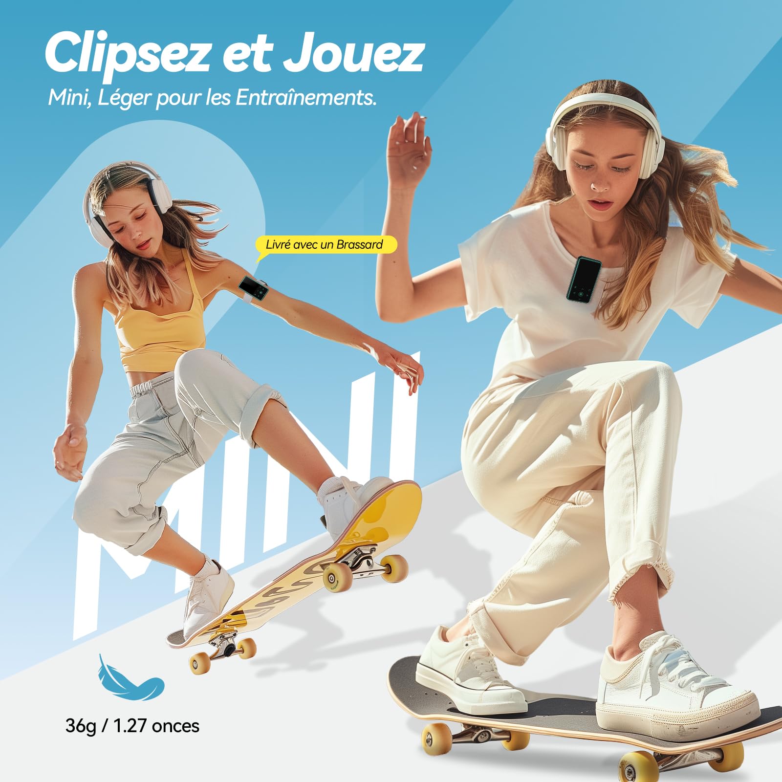 AGPTEK 64Go Lecteur MP3 Bluetooth 5.3 avec Clip, 1,8 Pouces Lecteur Musique Sport HiFi avec Reconnexion Bluetooth Automatique, Radio FM/Podomètre, Ultra-léger 36g, Mini Baladeur pour Courir - Bleu