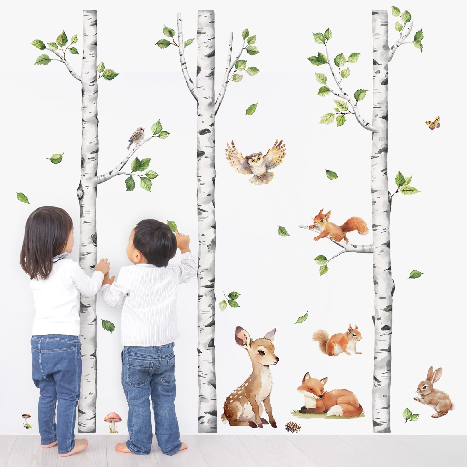 Tanlaby Abedul Animales Adhesivos Pared Grande Bosque Árbol Pegatinas de Pared Ciervo Zorro Conejo Vinilos Decorativos para Niños Bebés Habitación Dormitorio Guardería