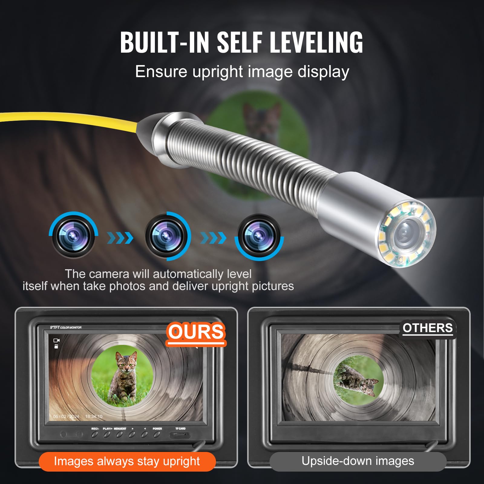 VEVOR Caméra Inspection Canalisation avec Localisateur 512 Hz Endoscope Drain 50 m Écran 9'' Auto-nivellement, Zoom 36X, Étanche IP68, 12 LED, Carte SD 32 Go, pour Conduit, Égout, Plomberie, Tuyaux