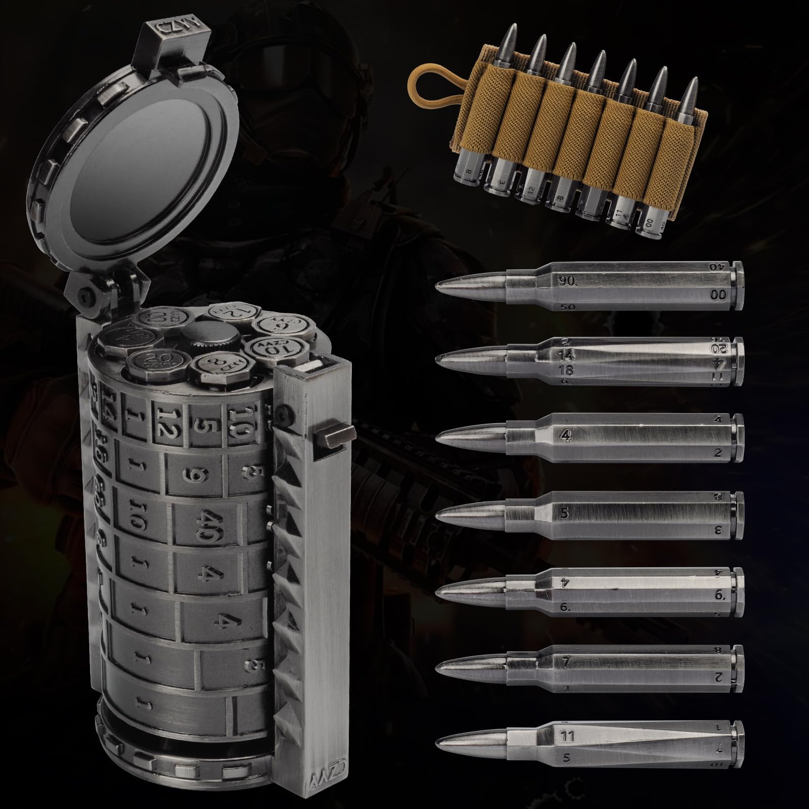 CZYY Silver Metal Rifle Bullet Dice Set - 7 Polyhedral Dice with Spinning Container & Cartridge Holder Belt - Perfect for DND, Tabletop Games