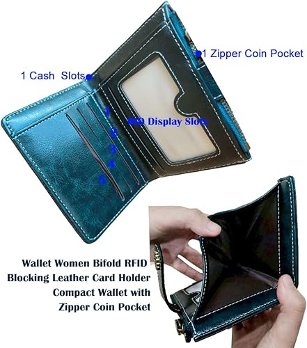 Miniatura 4 de Billetera para mujer, plegable, con bloqueo RFID, de cuero, tarjetero compacto con bolsillo para monedas con cremallera, Azul eléctrico, Pequeña,