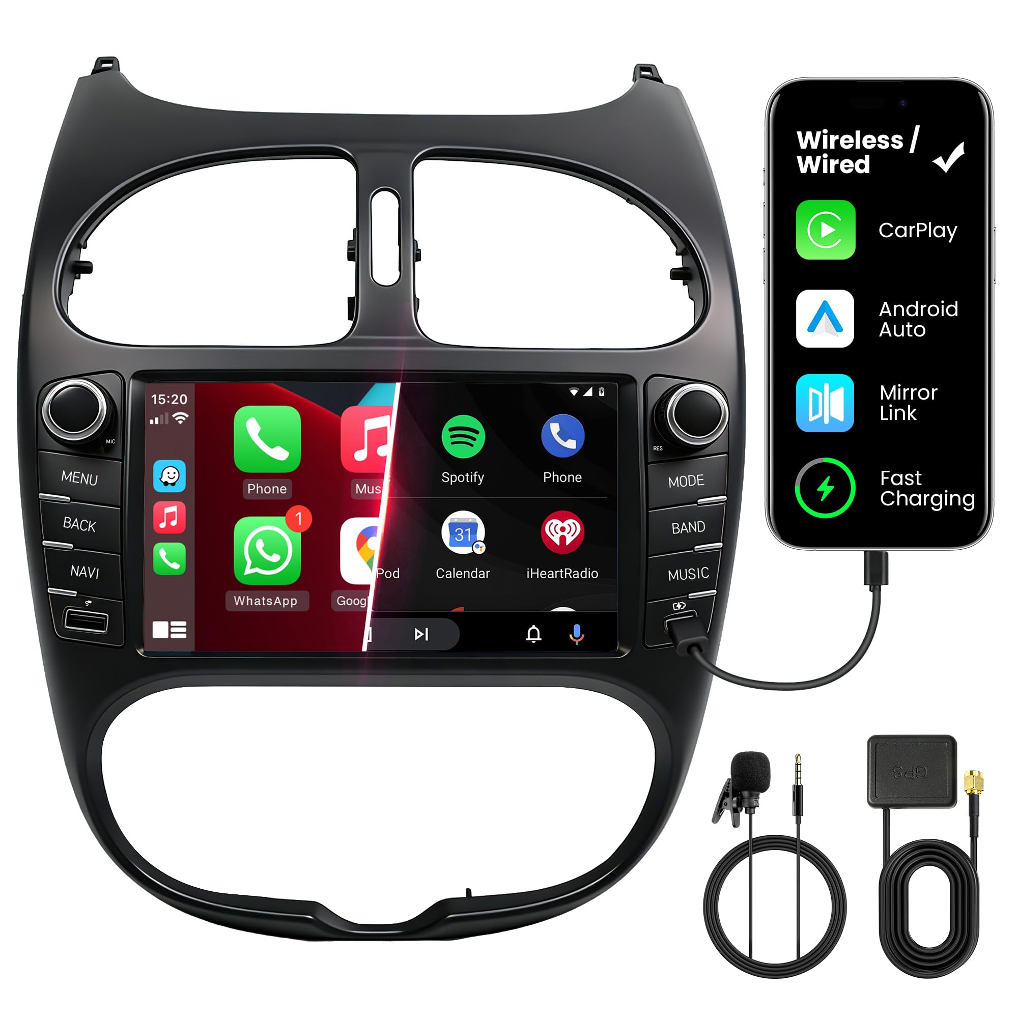 Autoradio Double DIN avec Écran pour Peugeot 206 (1998-2009), CarPlay & Android Auto sans Fil, Écran Tactile Auto 7", 4 Go+64 Go, Bluetooth WiFi 5 GHz Dab+ FM AUX GPS
