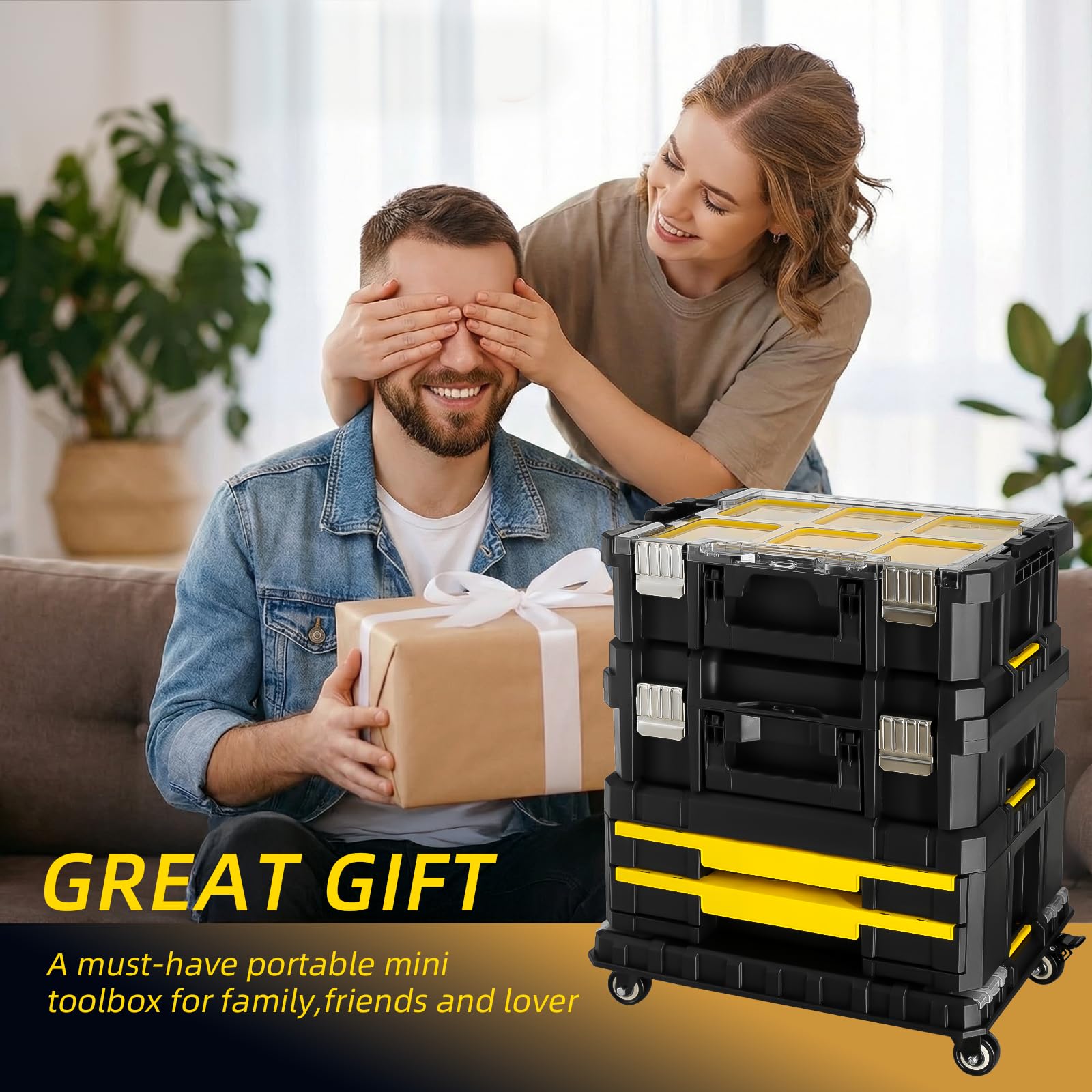 Cassetta Attrezzi 4 Livelli, Sistema Modulare Impilabile con Ruote, Cassetti, Cassetta Degli Attrezzi Mobile per Officina, Garage e Casa, 44,5 x 35 x 52 cm