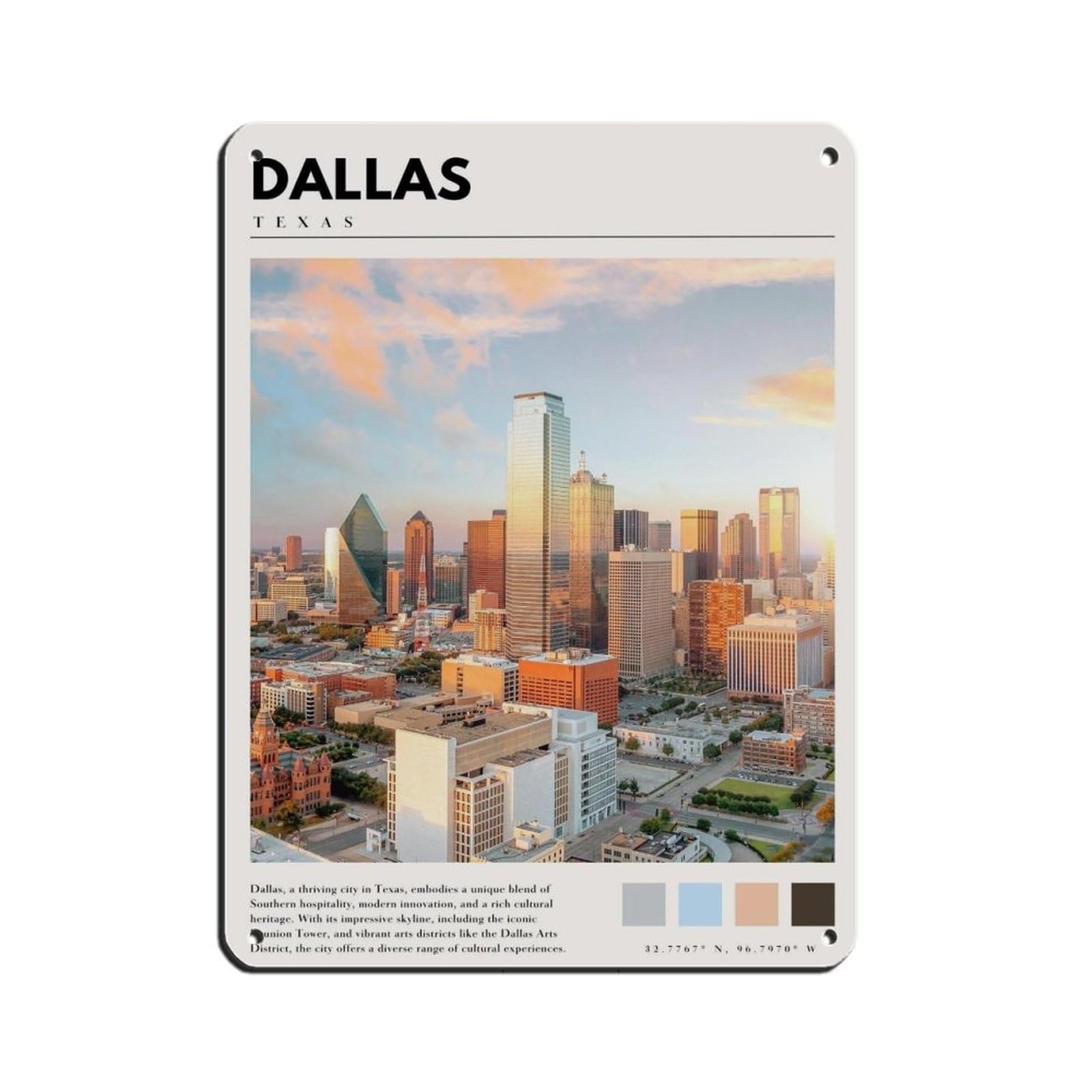 Dallas Downtown City Poster Dallas Texas Art Tin Sign Vintage Metal Pub Club Cafe Bar Home Wall Art Decoration Poster Retro 12x16inch(30x40cm)