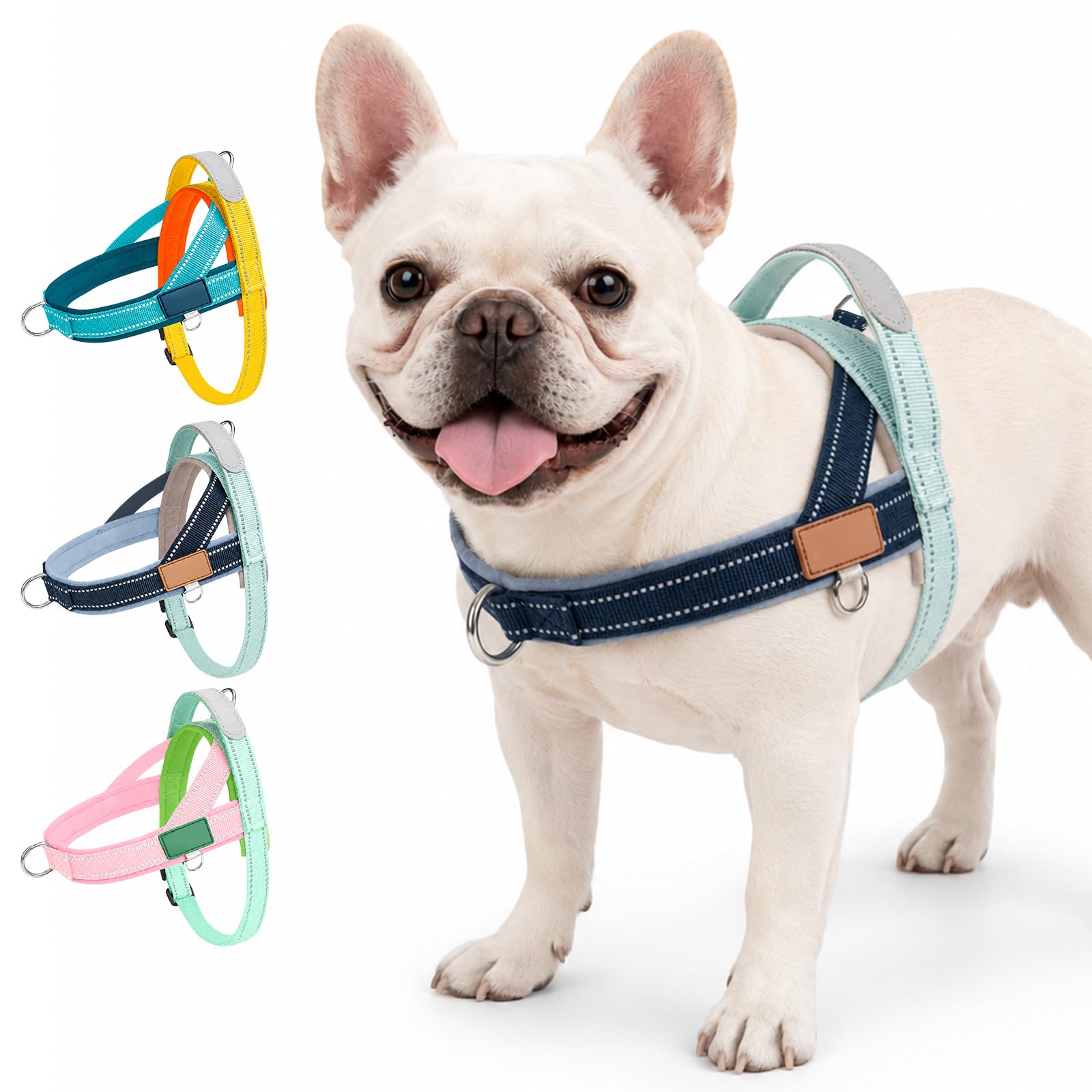 Olcyren No Pull Dog Harness, Soft Reflective Breathable Lightweight Puppy Harness with Handle, Adjustable Dog Harness with Front Clip for Extra Small and Small Medium Dogs (Navy & Mint Green, L)