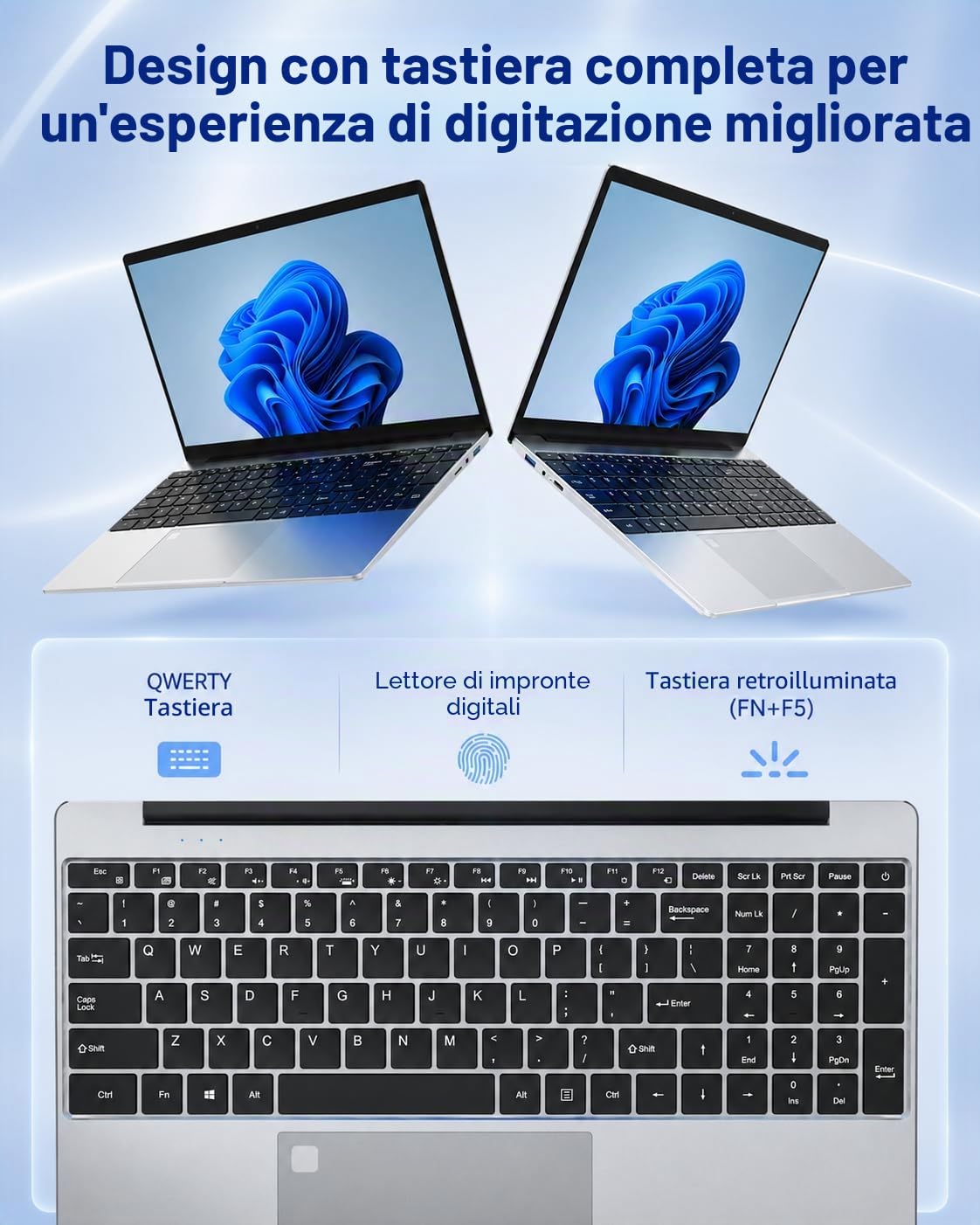 PC Portatile 15.6" FHD, 8GB RAM 256GB SSD Celeron N5100 (Rivals Core i3-1005G1, 4 Core fino a 2.8GHz), Impronta, Tastiera retroilluminata, Webcam, USB 3.0*2, Wi-Fi 5, Win 11 Pro Computer per Studenti
