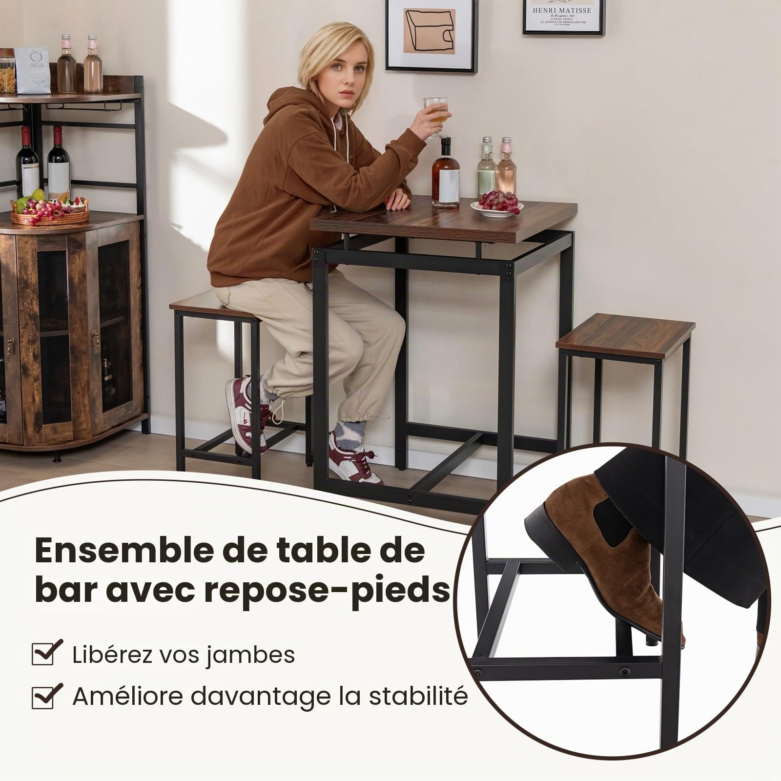 GIANTEX Table de bar avec tabourets de bar, table à manger et 2 chaises, petite table de cuisine de hauteur de comptoir, table haute avec plateau flottant, ensemble de salle à manger, design