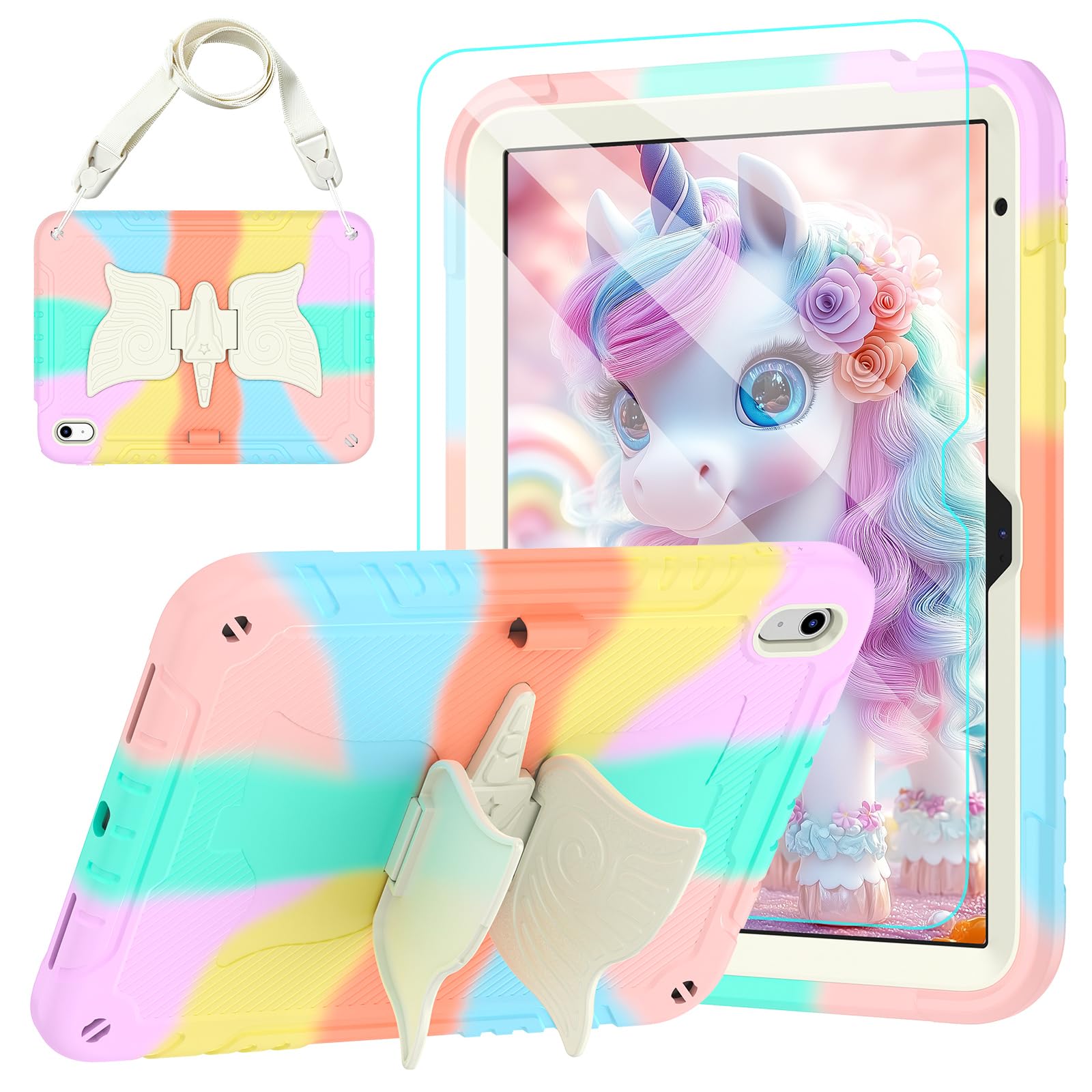 for iPad (A16) 11th Generation 11 Inch 2025/iPad 10th Generation Case 10.9 Inch 2022 with Tempered Glass Screen Protector,Unicorn Stand,Shoulder Strap,for iPad 10 Case Kids (Colourful Rose)