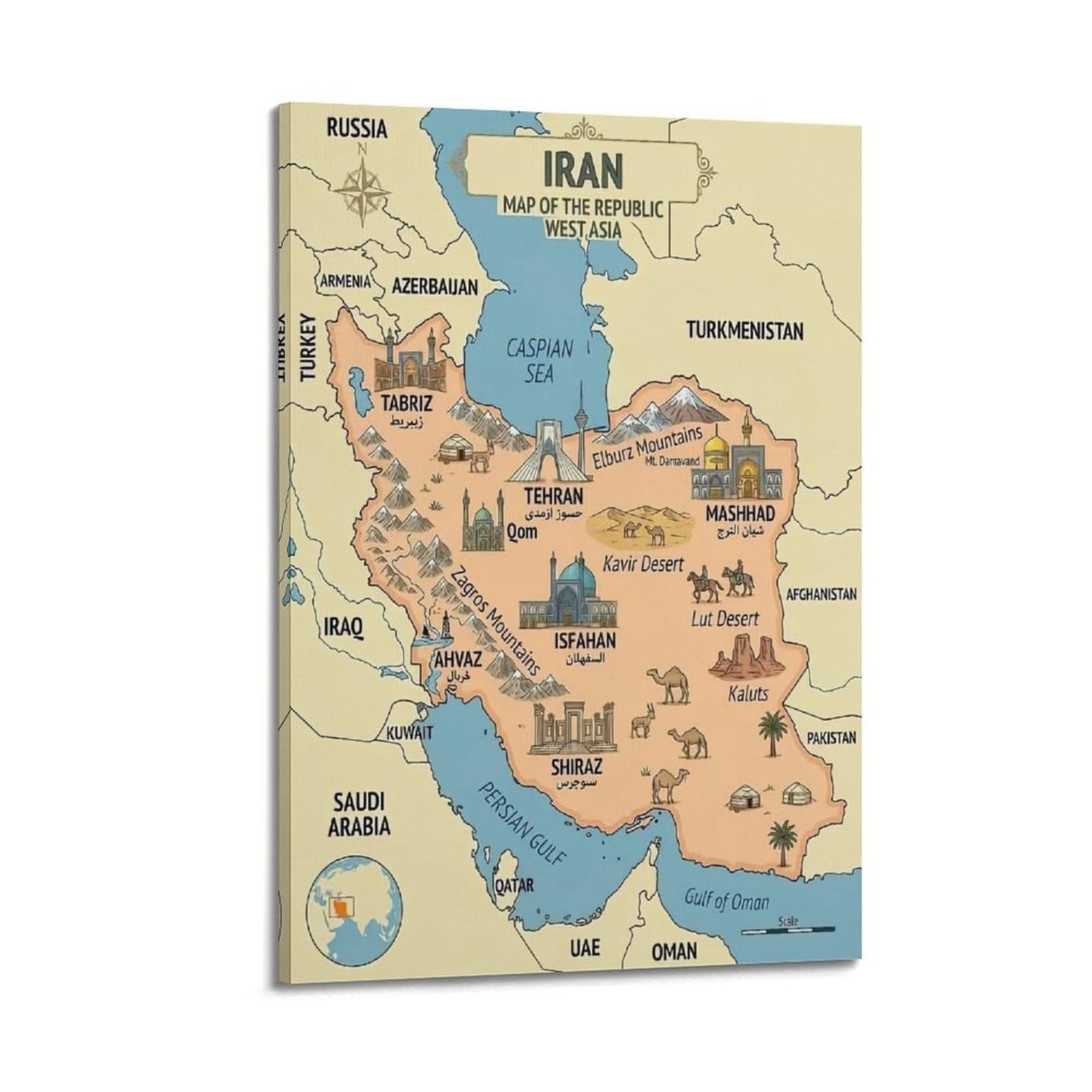 ESTE Vintage Iran Cartoon Map Poster Decorative Painting Canvas Modern Art Picture 24x36inch(60x90cm)