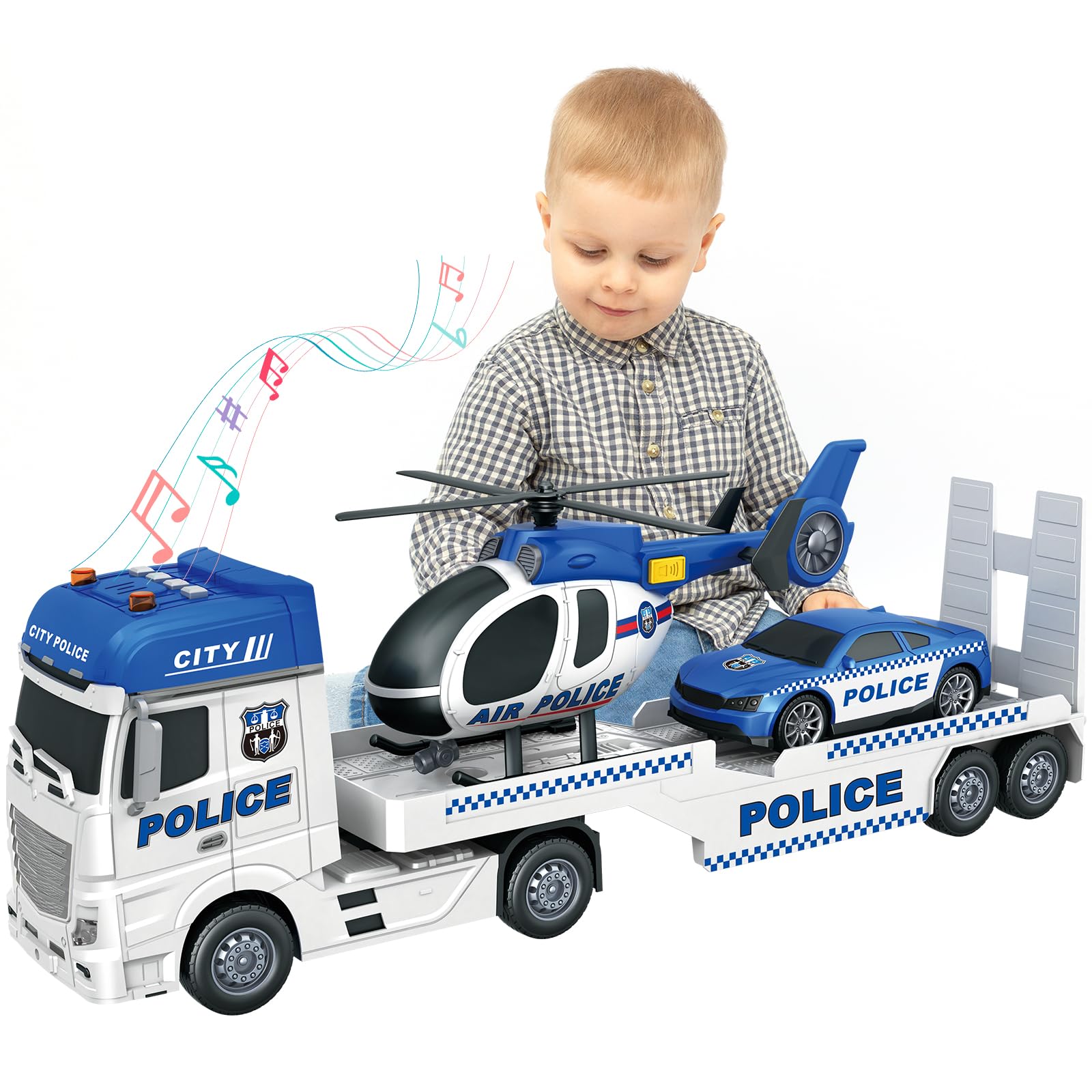 lonfypeng 3-in-1 Police Truck Toys for Kids Ages 3-6 - Inertia Semi Trailer with Racing Car & Helicopter, Light and Sound Play Vehicles