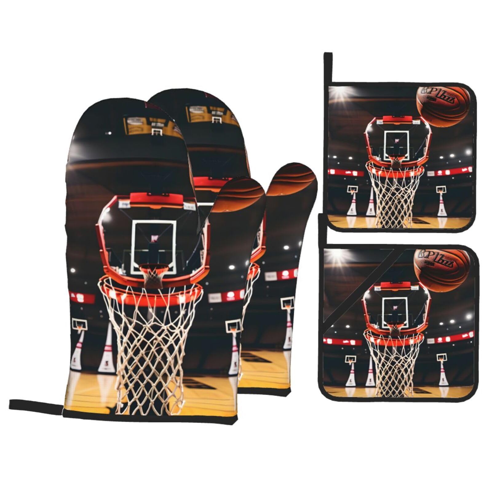 Basketball Print 4-Piece Oven Microwaving Set Waterproof Kitchen Gloves for Baking Grilling Cooking