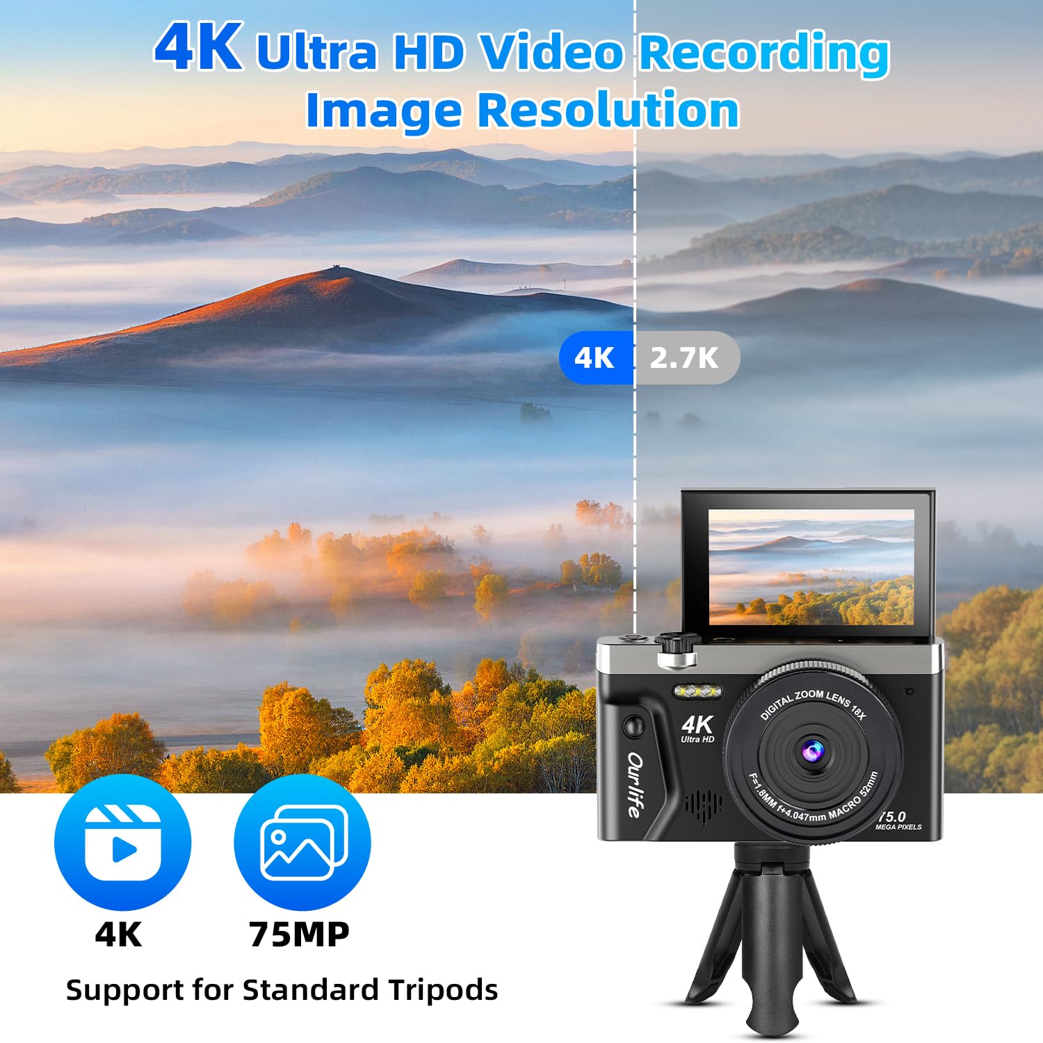 Ourlife Appareil Photo Numérique 4K 75MP pour la Photographie avec Trépied