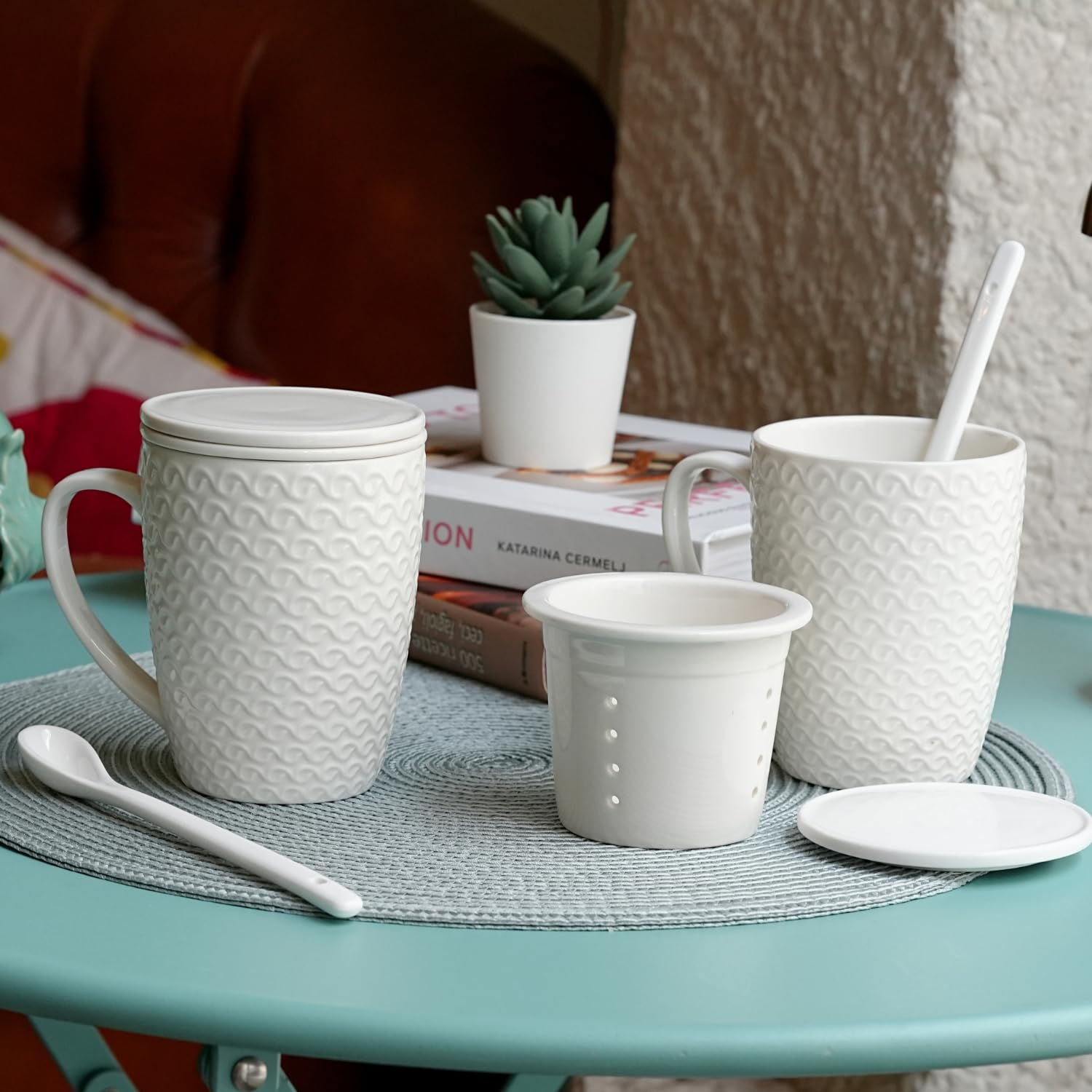 Set 2 Pezzi Tisaniere Tazze con Cucchiaio Filtro e Coperchio in Porcellana Liscia e Resistente Tisana The Infusi Elegante Idea Regalo