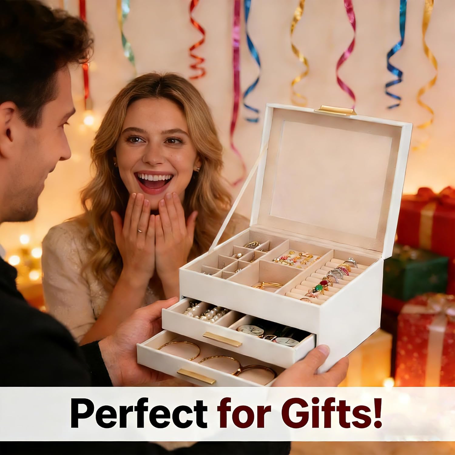 Jewelry Box for Women, 3-Layer Jewelry Box, Jewelry Organizer with Clear Glass Lid and Drawers, Jewelry Organizers and Storage for Necklaces, Rings, Earrings, Bracelets(White) - Image 8