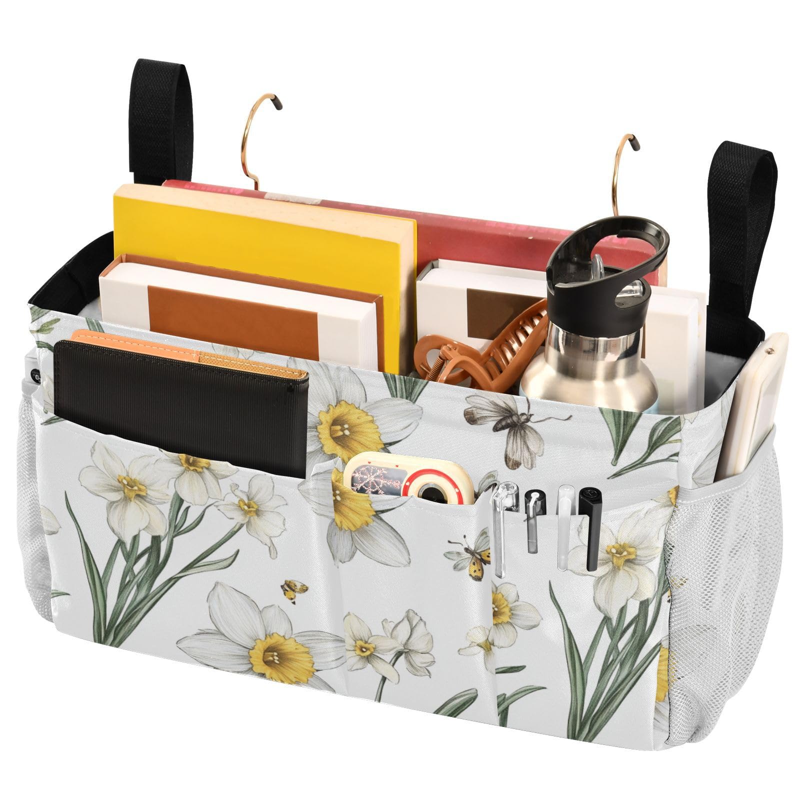 FRODOTGV Vintage Daffodil White Bedside Caddy Storage Bag with Big Pockets And Bottle Holder Hanging Organizer Bags for Headboards Bunk Beds Dorm Rooms Book Phone Magazine
