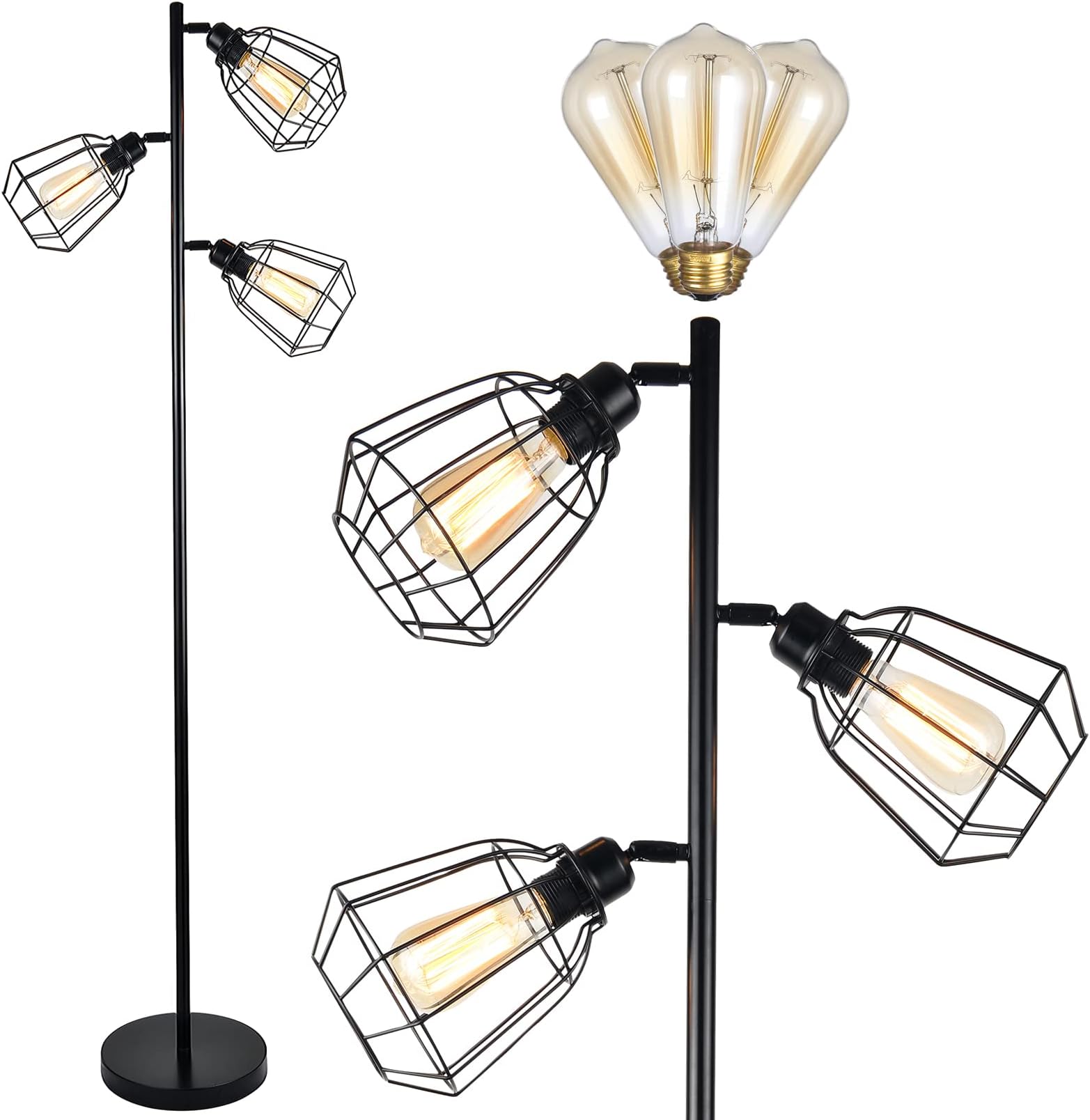LEONLITE Industrial Floor Lamp, 3 Light Tree Floor Lamp, Free Adjustable Cage Heads, 65Inch, ST58 bulbs Included, Tall Rustic Floor Lamps for Living Room, Bedroom, Office