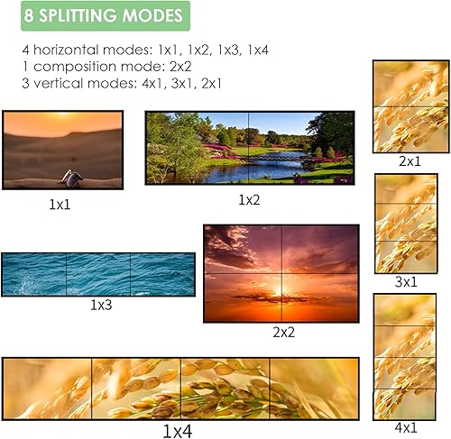 Miniatura 4 de Controlador de pared de video 2x2, resolución de 1080P60Hz, 8 modos de empalme 2x21x11x21x31x42x13x14x1, rotación de 180 grados, con control RS232,