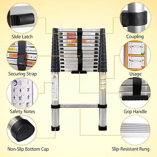 Miniatura 30 de Escalera telescópica de aluminio de 12.5 pies, escalera extensible con 2 ganchos desmontables, diseño de bloqueo de seguridad portátil y ligero