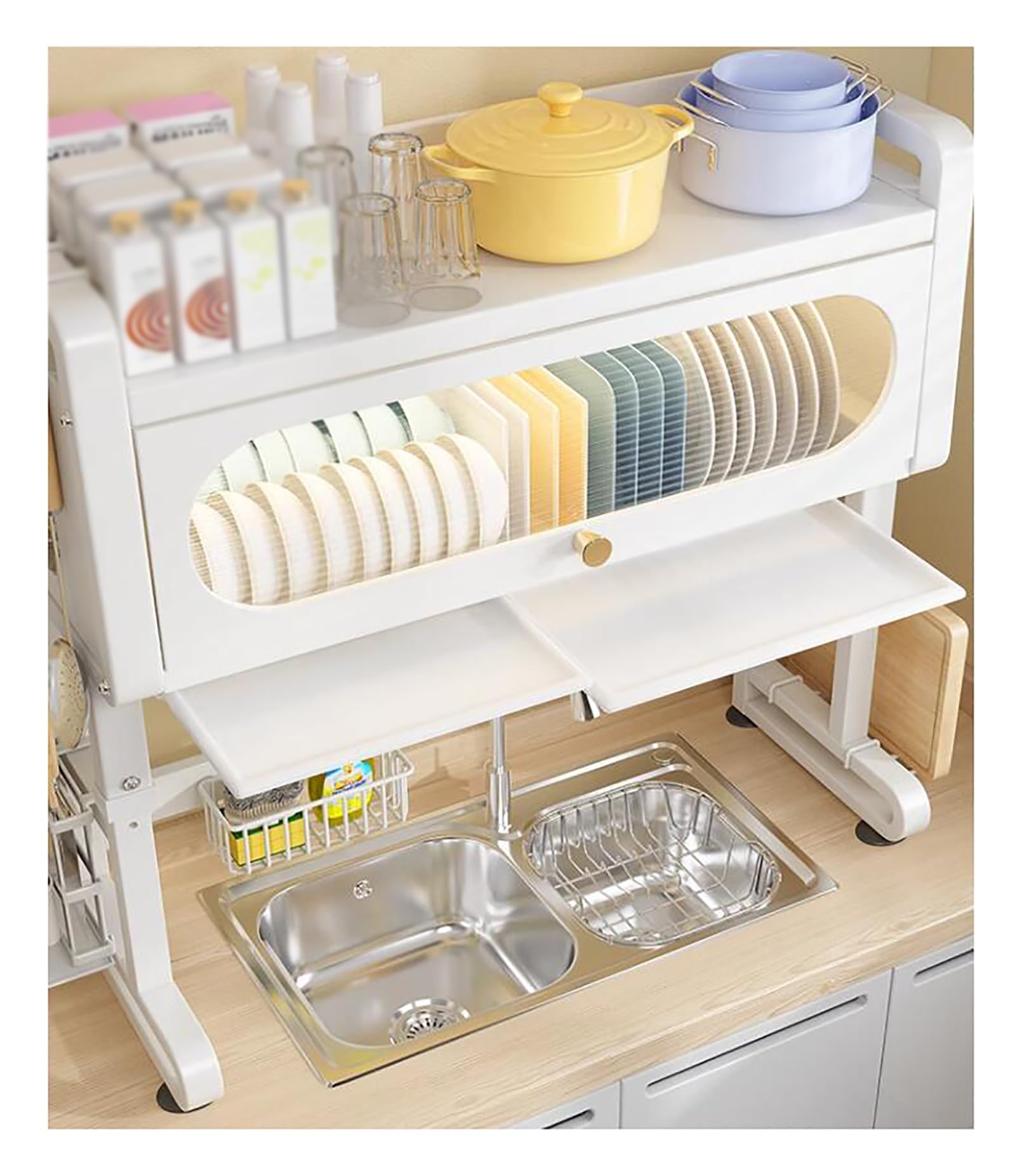 Escurridor de platos ajustable de 3 niveles con panel de drenaje, encimera de cocina con ganchos para sils y soporte de cuchillos, color blanco, ideal para almacenamiento en gabinetes