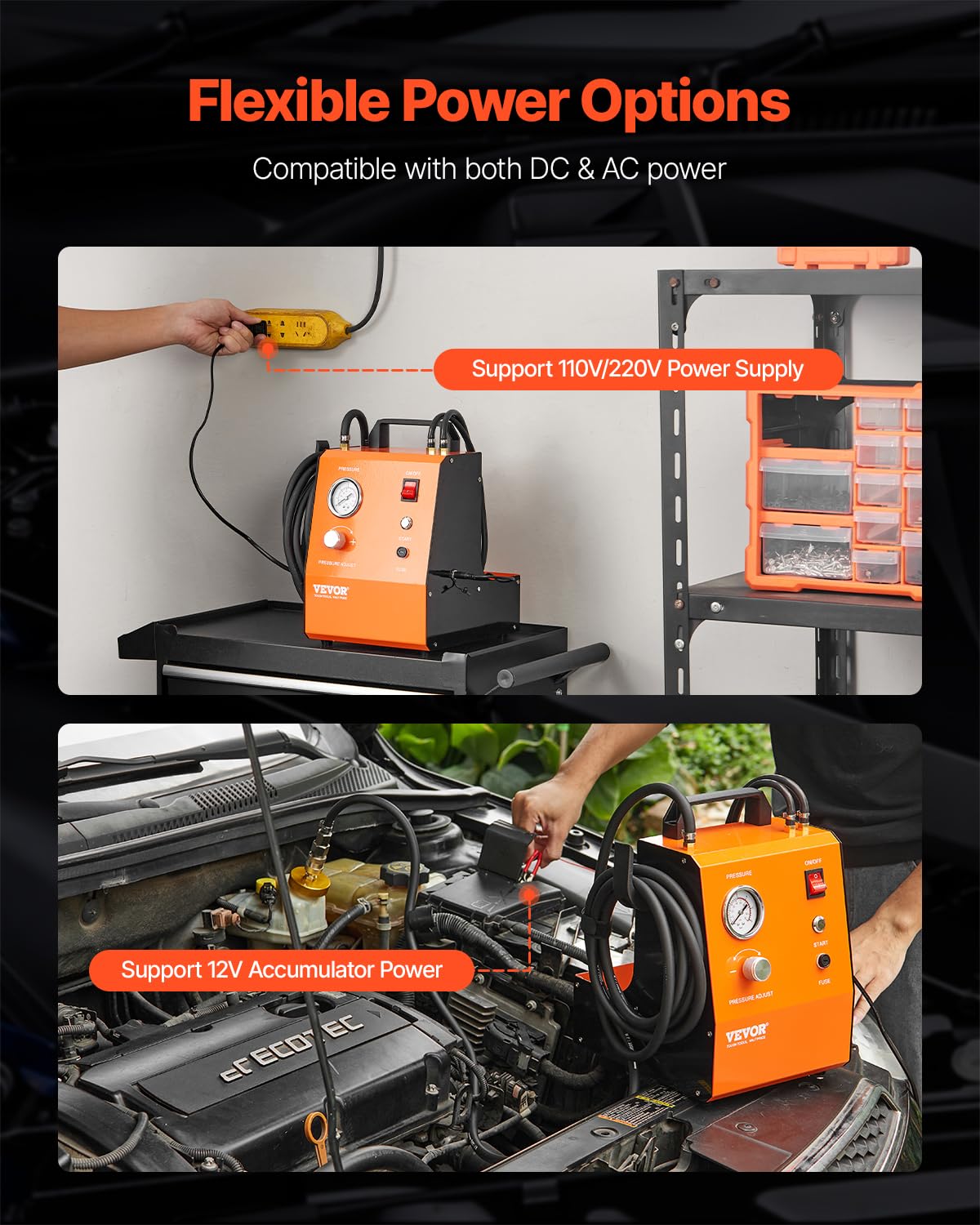VEVOR Kit de Purga de Frenos Eléctrico Kit de Purga de Cilindro de Freno con Manómetro Bomba de Aire Incorporada Juego de Adaptador de Purga de Frenos Versátiles para Alimentación de CC y CA