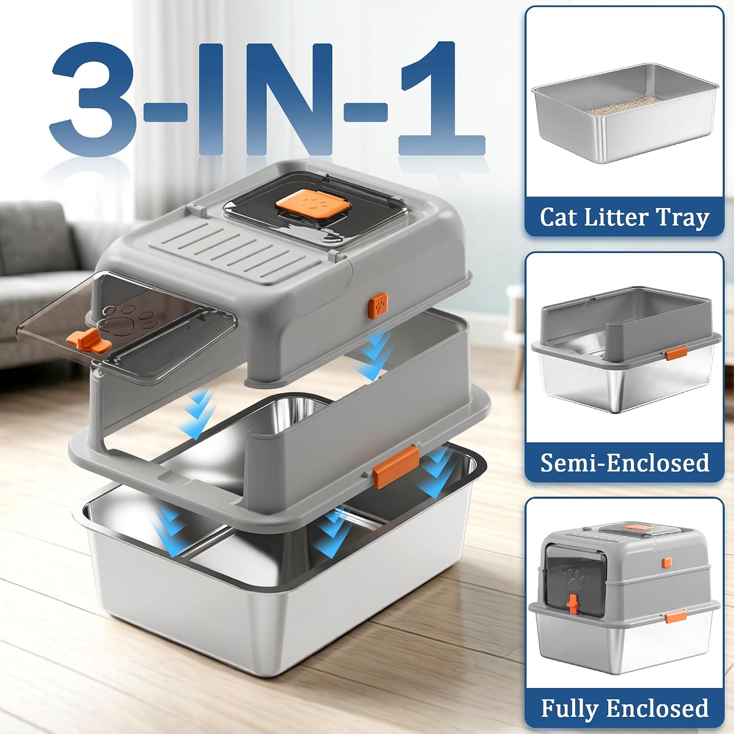 Stainless Steel Cat Litter Box with Lid, Covered Enclosed Kitty Litter Box, Flip Top High Sided Metal Cat Litter Pan with Litter Scoop, Front and Top Entry, Odor Control Leak Proof Easy Clean, Grey