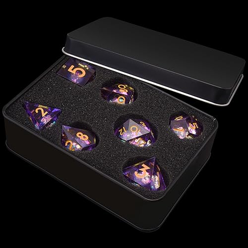 Miniatura 134 de AUSTOR Juego de dados DND de resina de núcleo líquido, de borde afilado, 7 troqueles, juego de dados DND de arena movediza hechos a mano