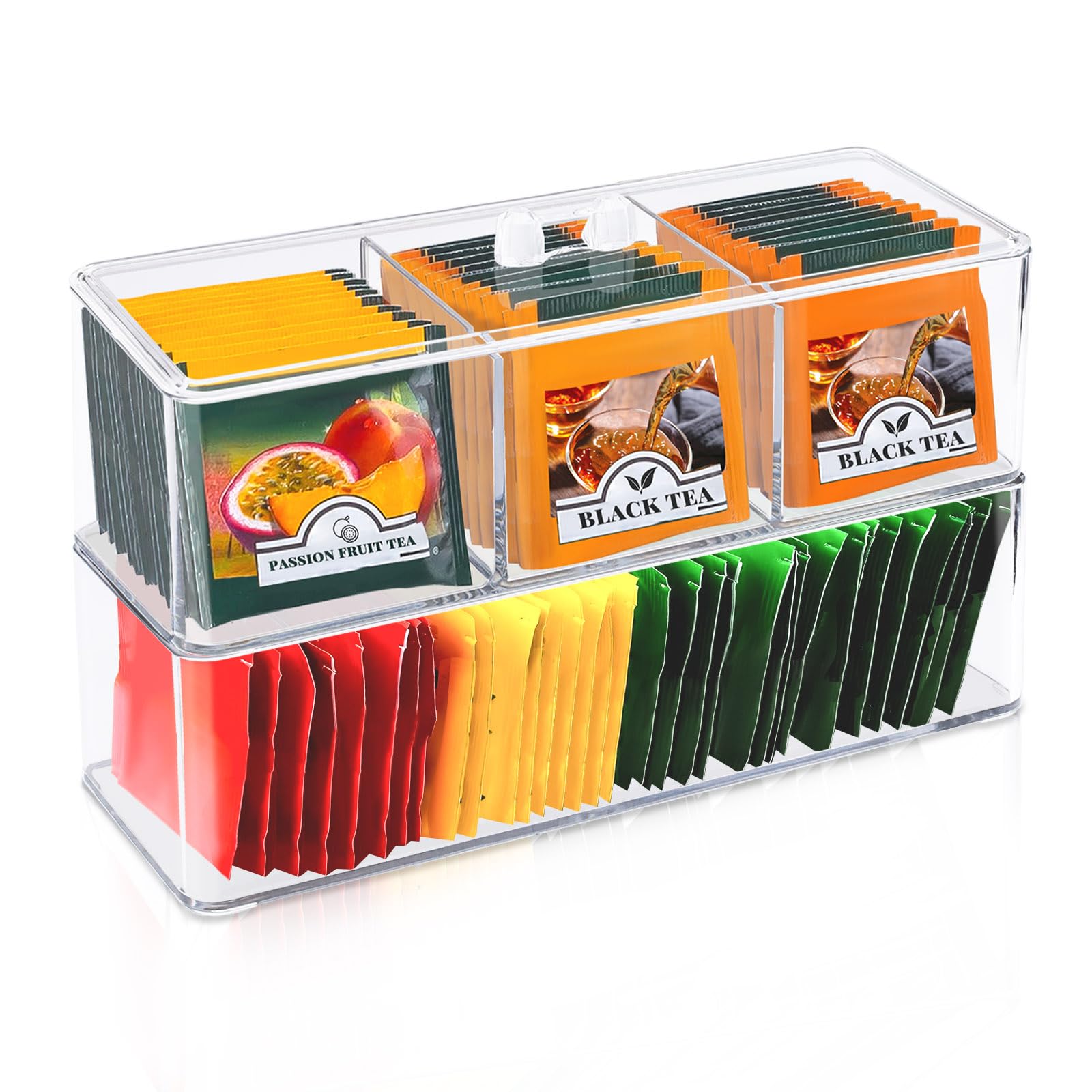 mumisuto Scatola da tè, Scatola Porta tè E Tisane 5 Scomparti 30 X 10 X 9 cm in Legno, Organizer per Bustine di tè con Coperchio in Vetro Acrilico, Porta Tisane Bustine