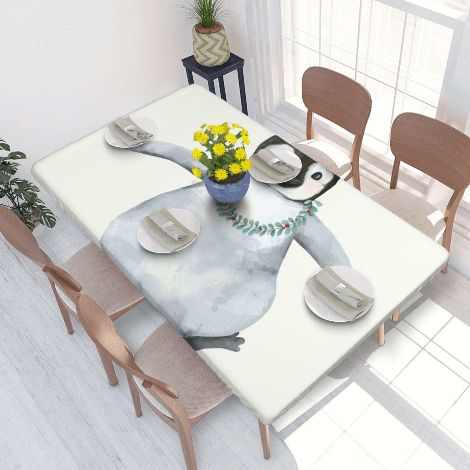 BNVSADC Penguin Wearing Flowers Printed 4FT Tablecloth 122x76 CM Polyester Kitchen Water Resistant Table Cloth Dining Table Decoration Table Covers