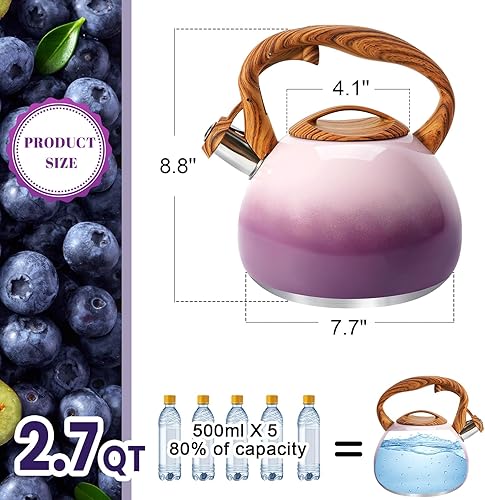 Miniatura 2 de GGC Tetera para estufa, 3.1QT3L Hervidor de té silbante para hervir agua, café o leche, tetera púrpura con mango de compañero de madera, tetera de