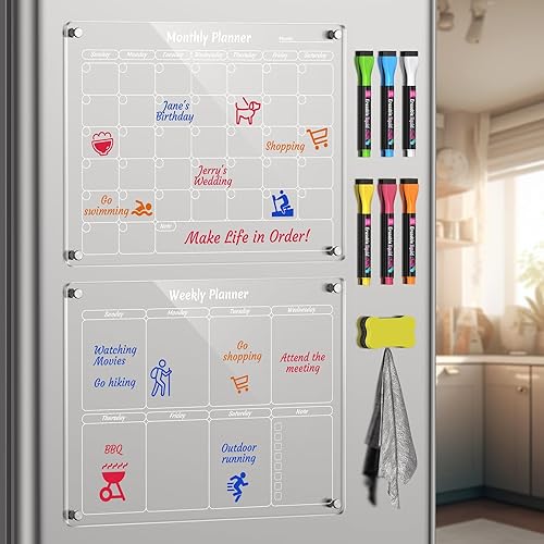 Calendario acrílico para refrigerador, calendario magnético transparente mensual y semanal para refrigerador, calendario transparente de 16 x 12