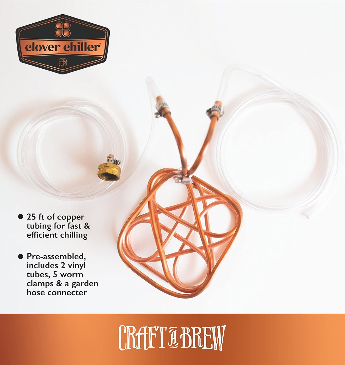 Craft A Brew - Clover Wort Immersion Chiller - For Home Brewing - Includes Copper Immersion Coil, Two Vinyl Tubing Leads, Hose Adapter, and Stainless Steel Worm Clamps - Made in USA - 5 Gallon