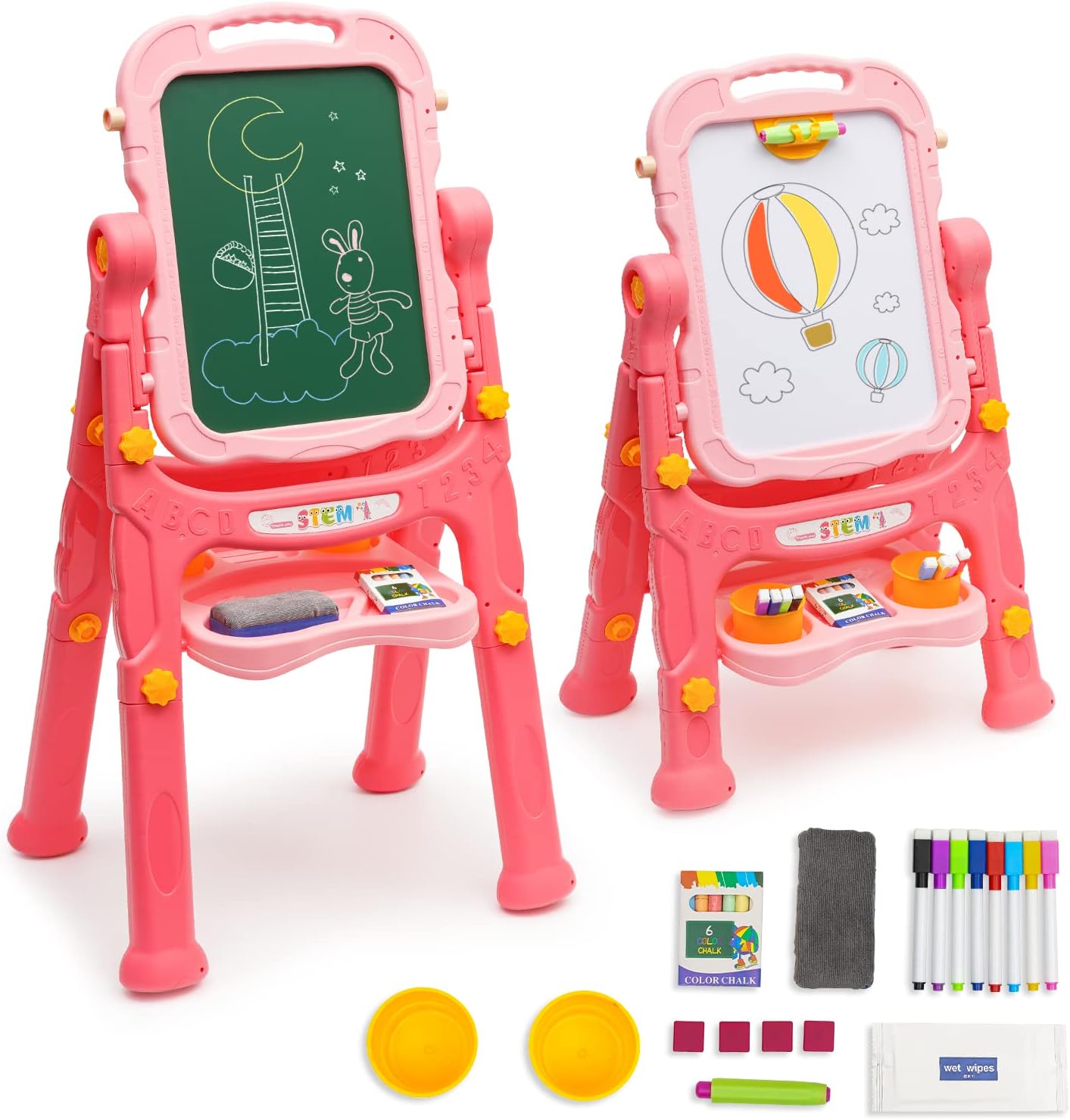 Art Easel for Kids, Height Adjustable 360° Rotate Standing Kids Easel, Double Sided Art Drawing Board with Chalkboard & Whiteboard, Toddler Easel with Painting Accessories for Boys and Girls, Pink