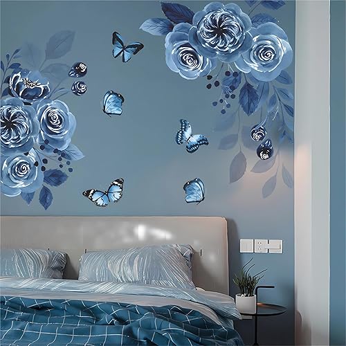 Calcomanías de pared con diseño de peonía y rosas de sirena azul, calcomanías de pared de sacinora con diseño de mariposas y flores, vinilo