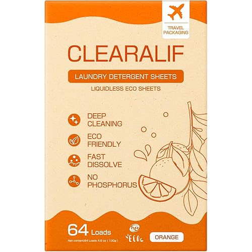 CLEARALIF Laundry Detergent Sheets, Orange, 64 Load, CLEARALIF Laundry Detergent Strips Eco Friendly & Hypoallergenic