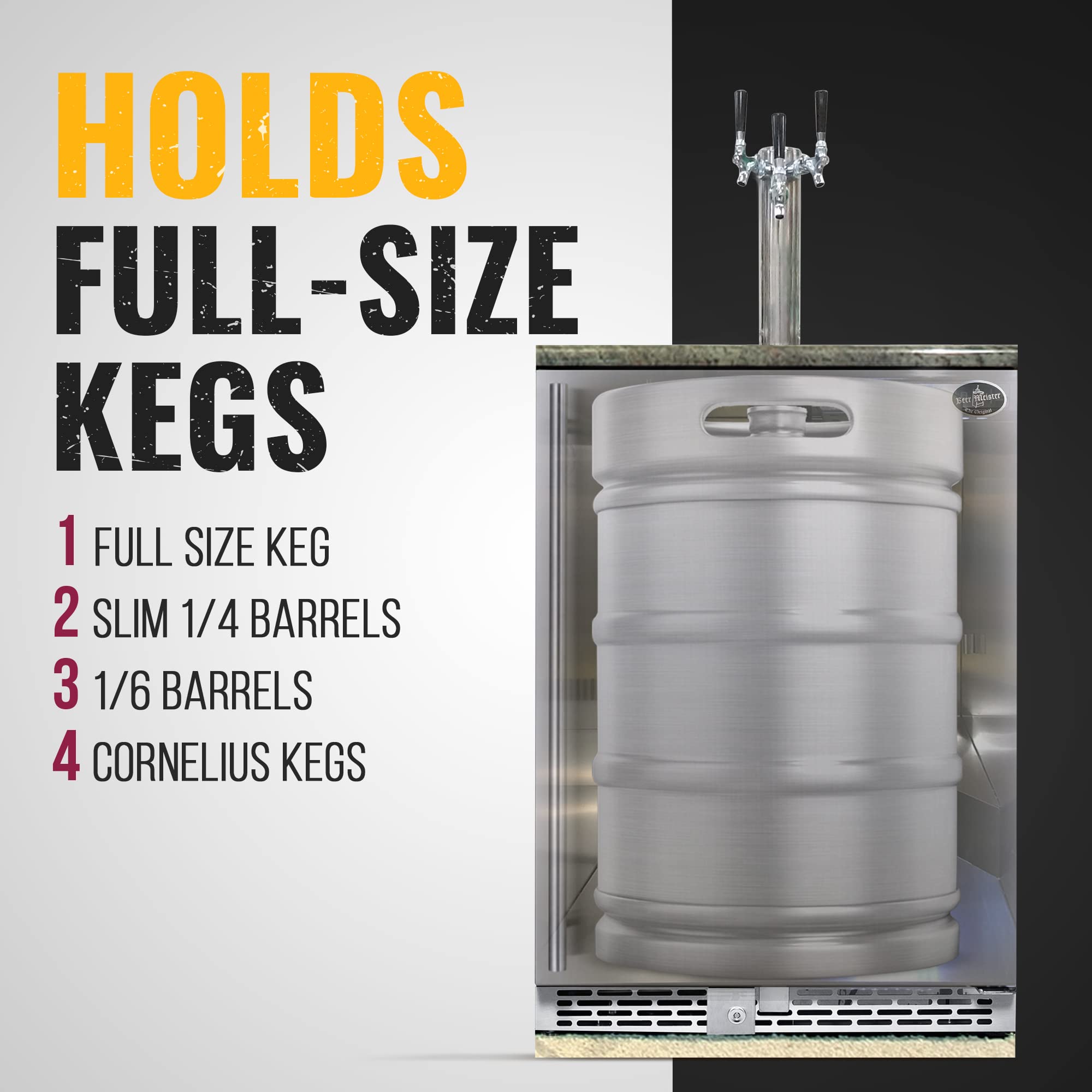 Beer Meister - Beer Kegerator, Draft Beer Dispenser For Home Bar, Beer, Wine, & Bar Soda Dispenser System, Triple Tower w/Stainless Door, Built-in Premium Series, 24.88 x 23.88 x 34.38 inches on Fridge.com
