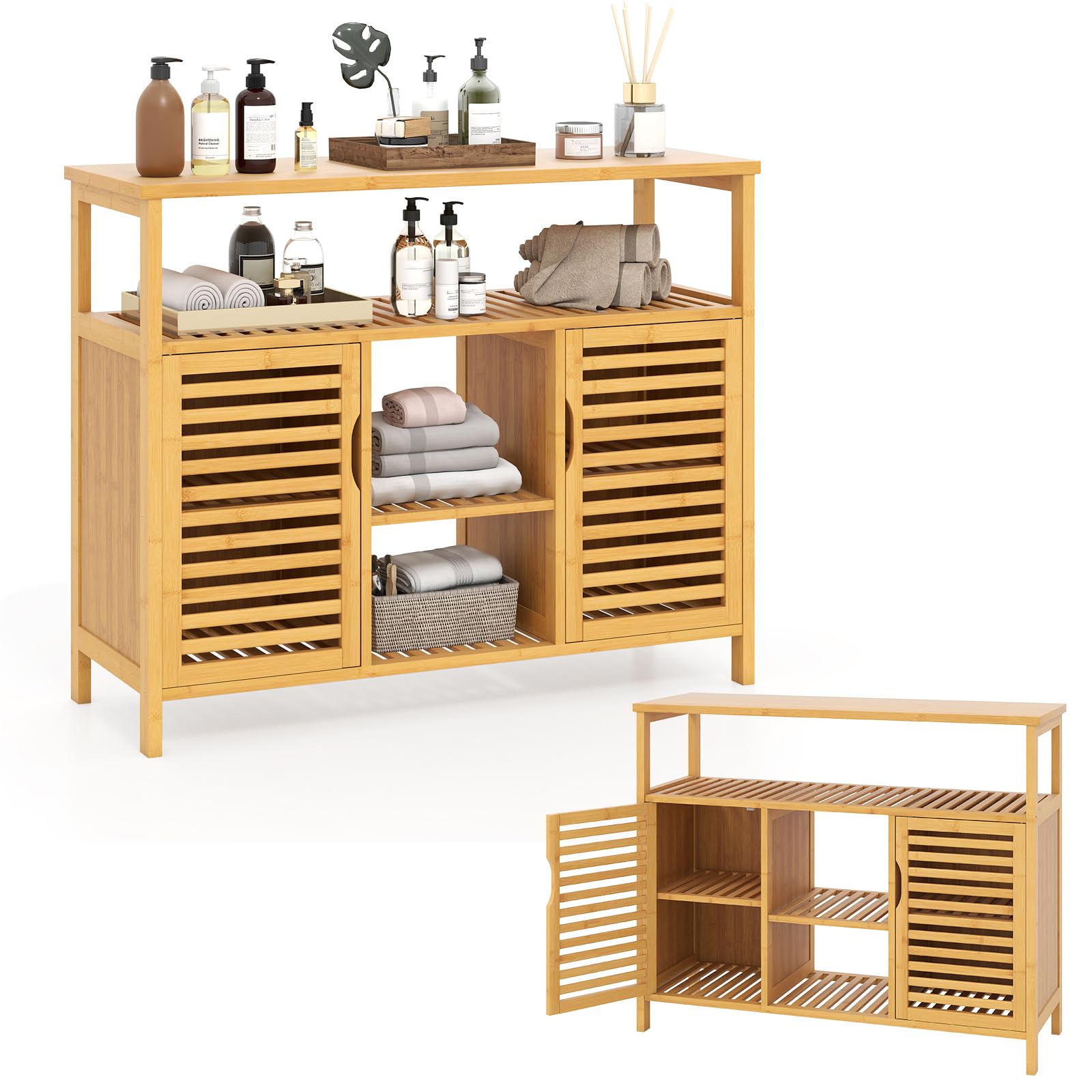 KOMFOTTEU Credenza Cucina in Bambù, Mobile da Bagno con Ripiani Aperti e 2 Porte, Armadio a Buffet a Doghe per Soggiorno, Sala da Pranzo, 100 x 35 x 80 cm, Naturale