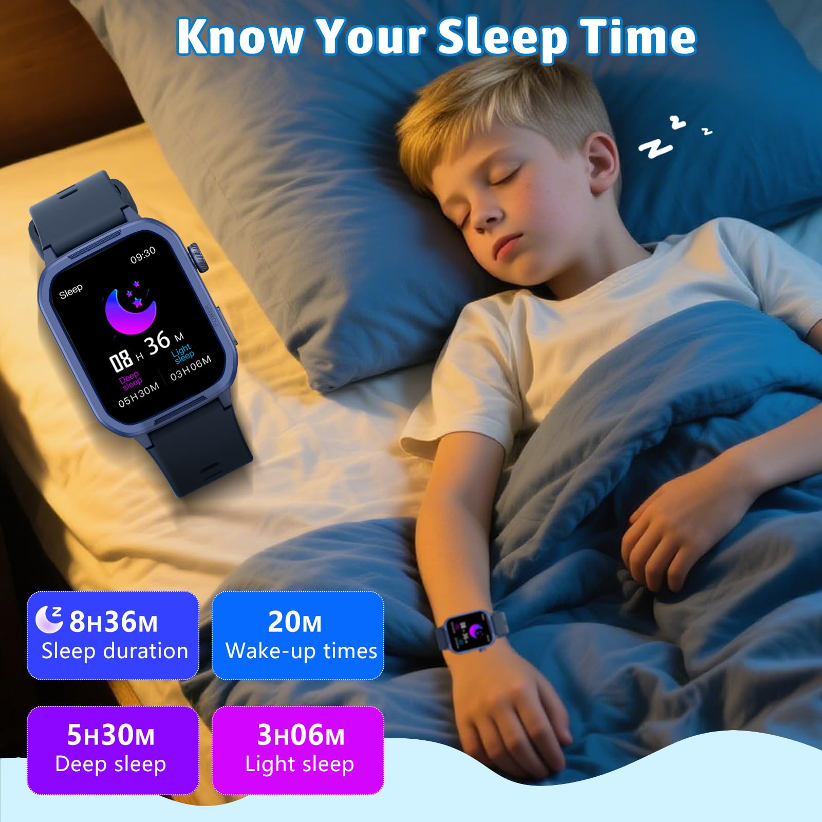 Montre connectée pour Enfant, 1.5" Montre Podometre, 19+ Modes d'entrainement, fréquence Cardiaque, Suivi du Sommeil,Longue durée, Étanche, Cadeau pour Les Filles et Les garçons 6-15 (Bleu)
