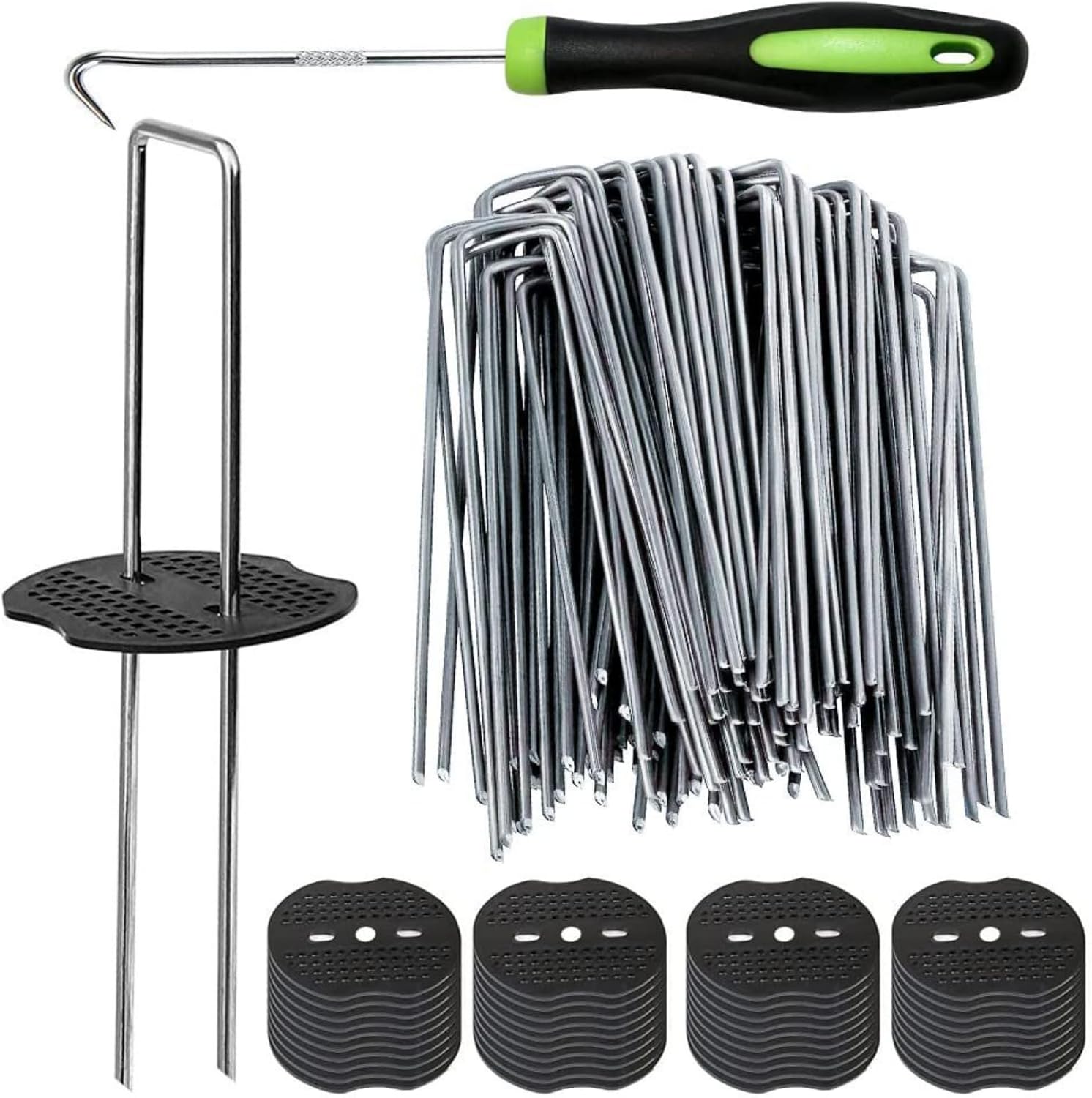 200Pcs Garden Stakes Staples + 200Pcs Gasket, 6 Inch Lawn Landscape Staples 11 Gauge U Shaped Galvanized Landscape Pins, Heavy Duty Yard Ground Pin for Weed Barrier Sod Fabric Decorations