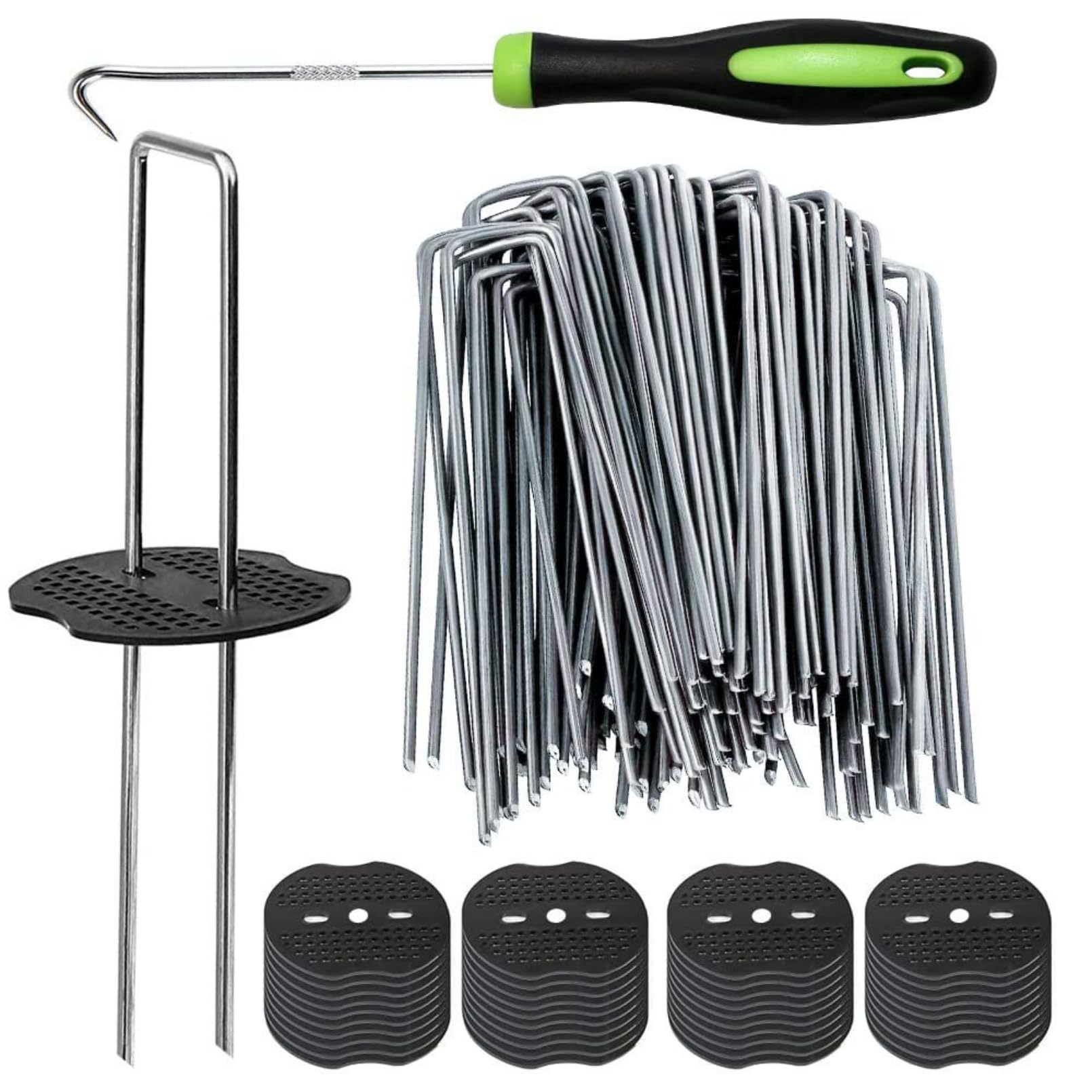 Lot de 200 agrafes de jardin + 200 joints, agrafes de paysage de pelouse de 15,2 cm de calibre 11 galvanisées en forme de U, goupilles de sol robustes pour décoration de tissu de gazon