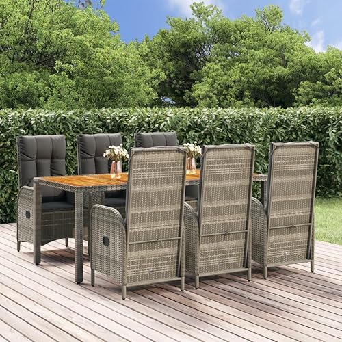 7 Piece Grey PE Rattan Garden Dining Set, Reclining Chairs,